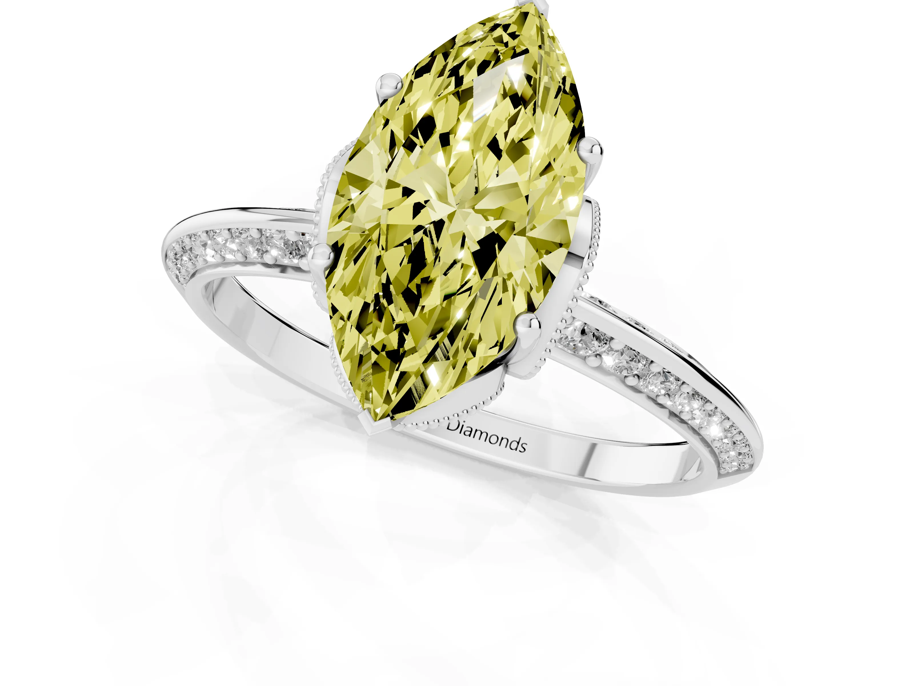 Fancy Yellow Marquise Cut Diamond Solitaire Engagement Ring Set in Silver with Pavé Split Shank and Prong Setting