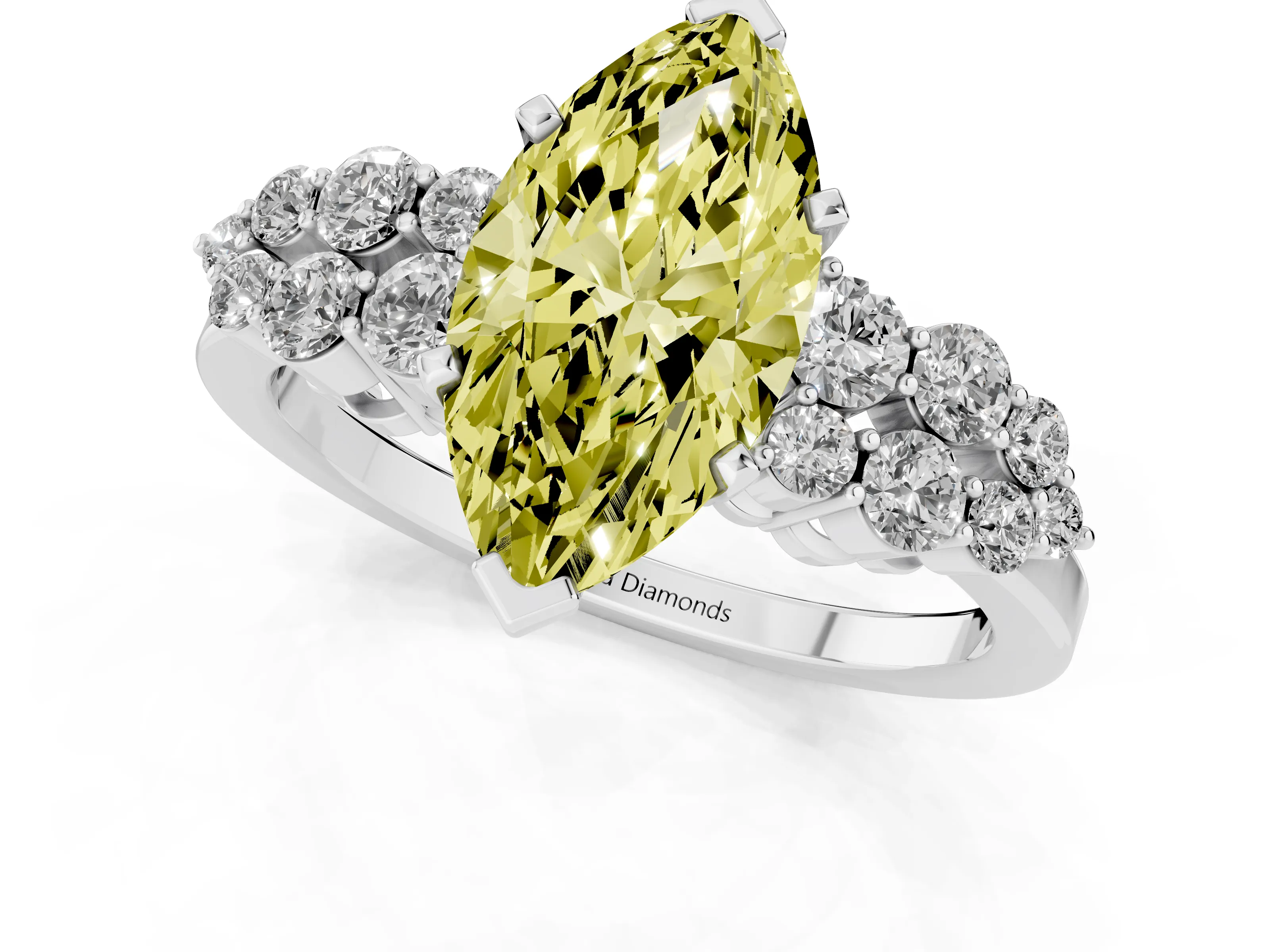 Fancy Yellow Marquise Cut Diamond Cluster Engagement Ring Set in Silver with Pavé Band and Prong Setting