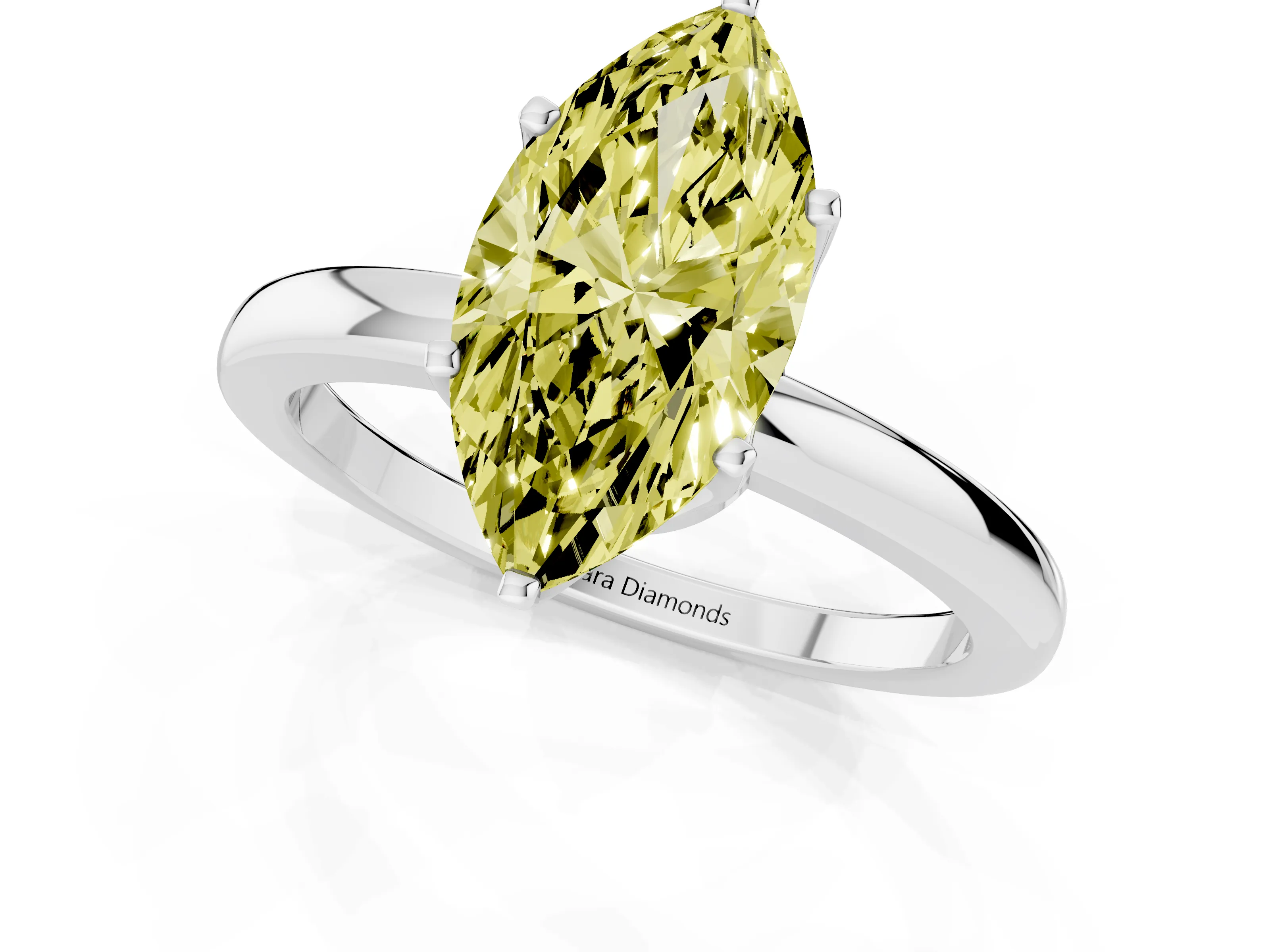 Fancy Yellow Marquise Cut Diamond Solitaire Ring Set in White gold with Raised Prong Setting on a Classic Band