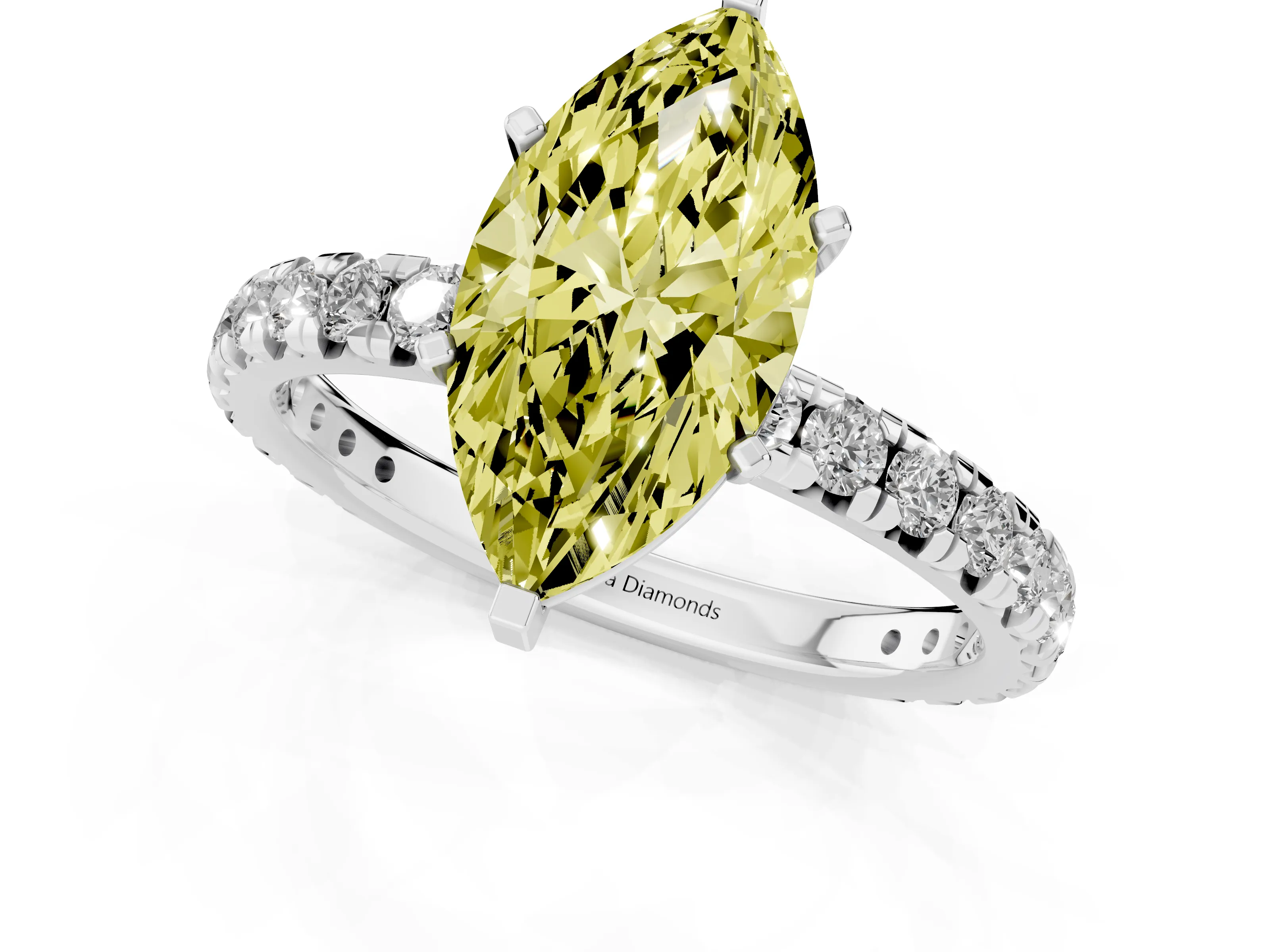 Fancy Yellow Marquise Cut Diamond Pavé Solitaire Ring Set in Silver with Round Band and Prong Setting