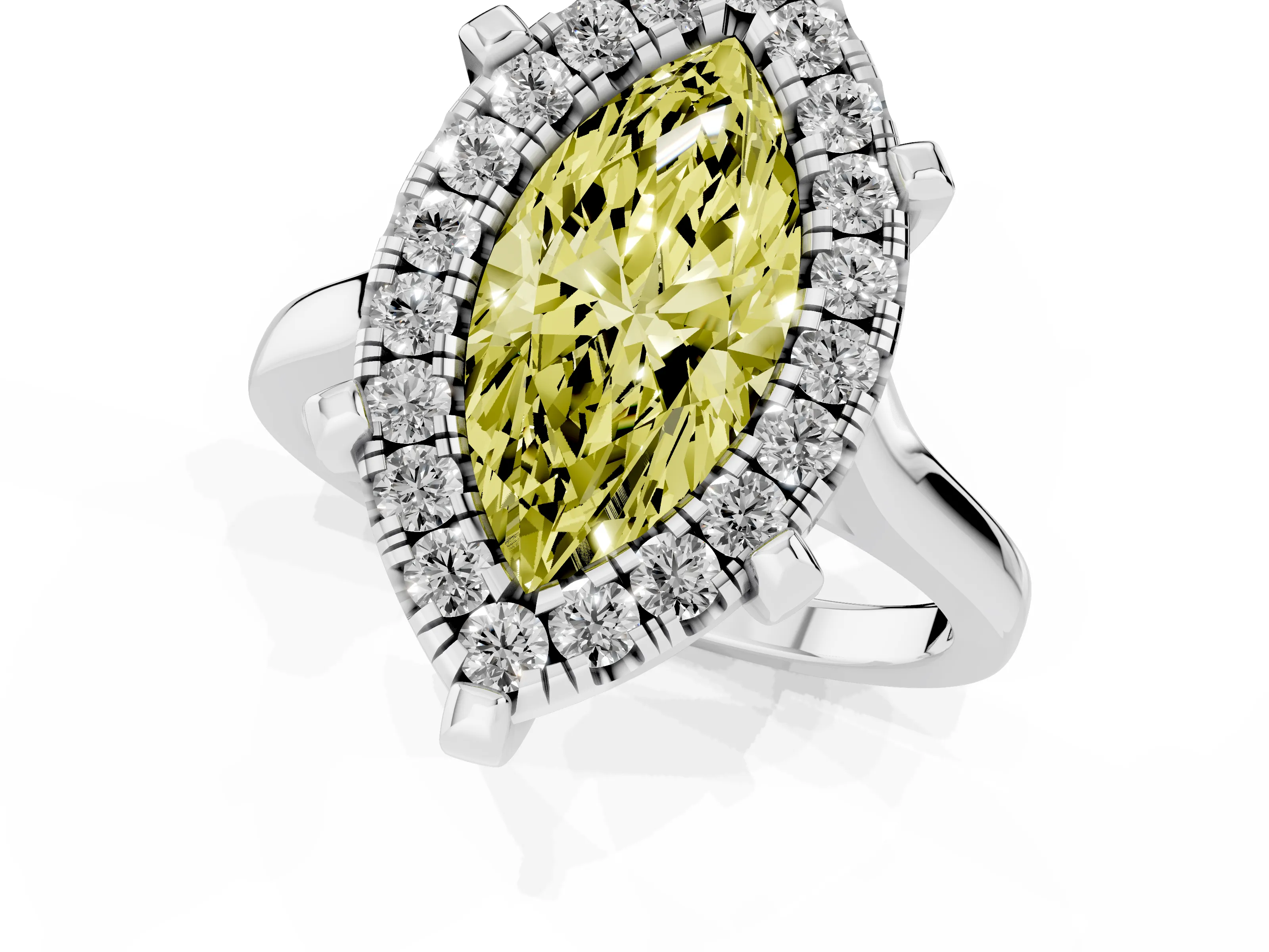 Fancy Yellow Marquise Cut Diamond Cluster Halo Solitaire Ring Set in White gold with Prong Setting