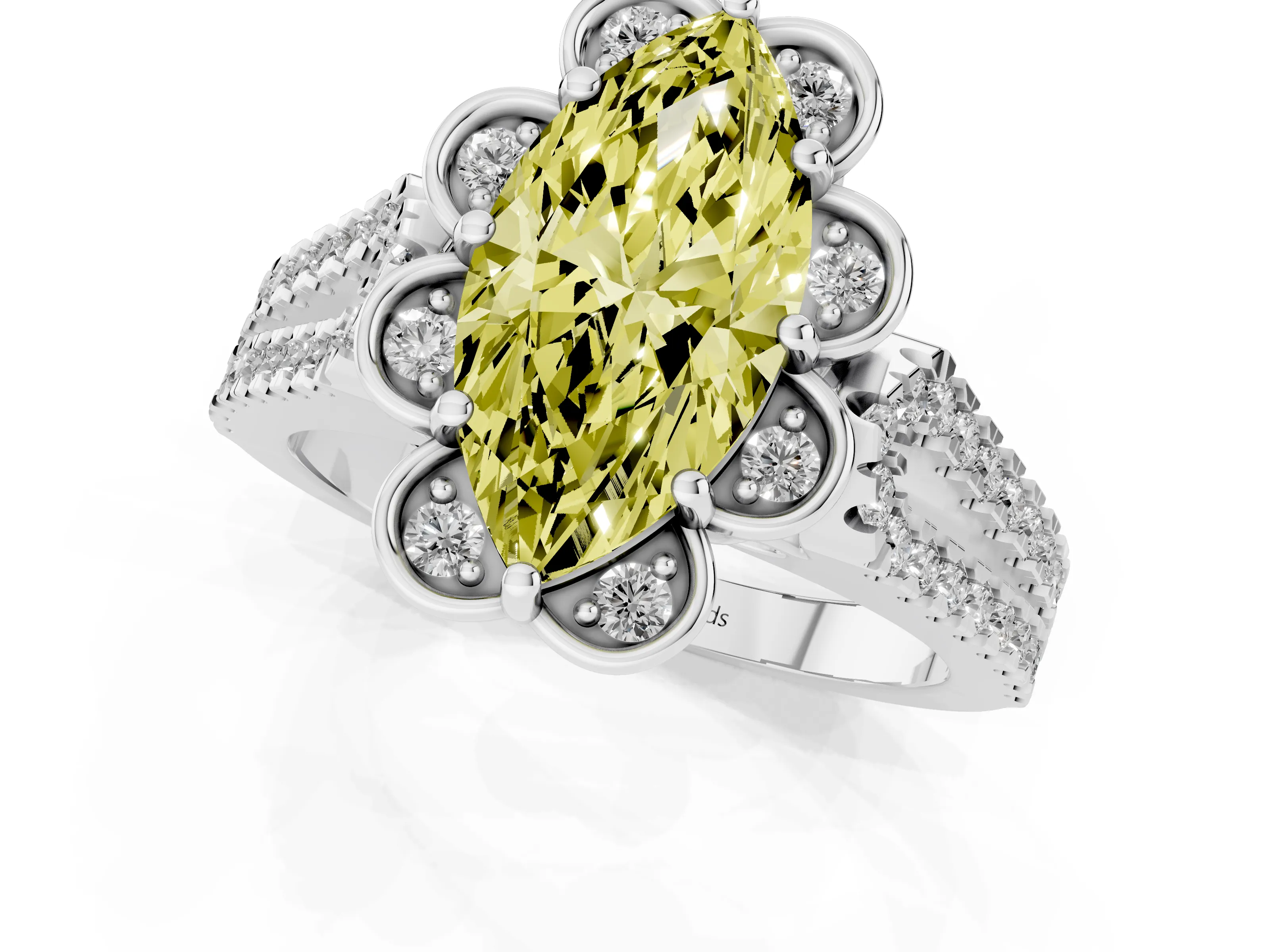 Fancy Yellow Marquise Cut Diamond Floral Halo Split Shank Engagement Ring Set in Silver with Pavé Shank