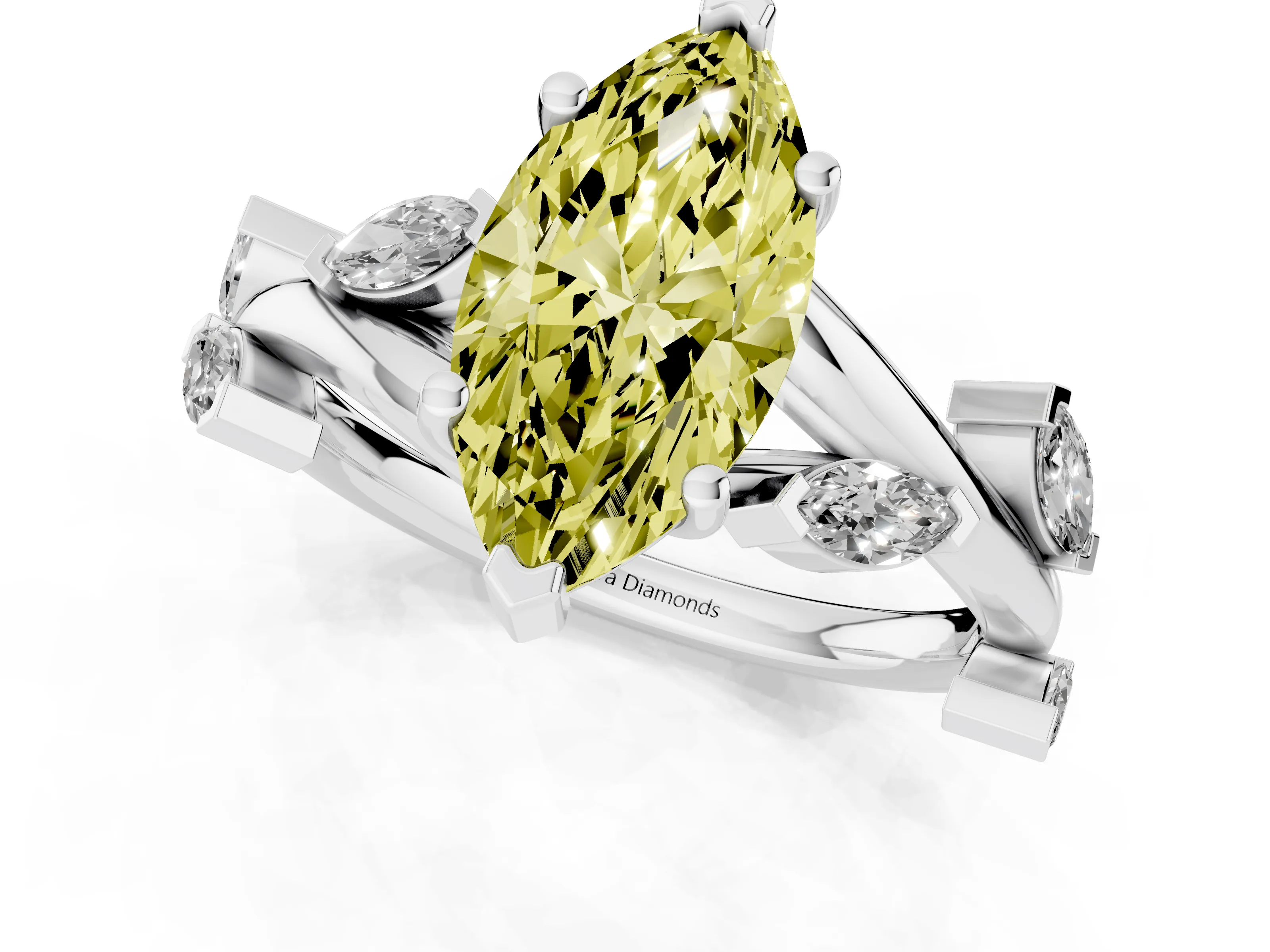 Fancy Yellow Marquise Cut Diamond Solitaire Ring Set in White gold with Twisted Marquise Accent Band