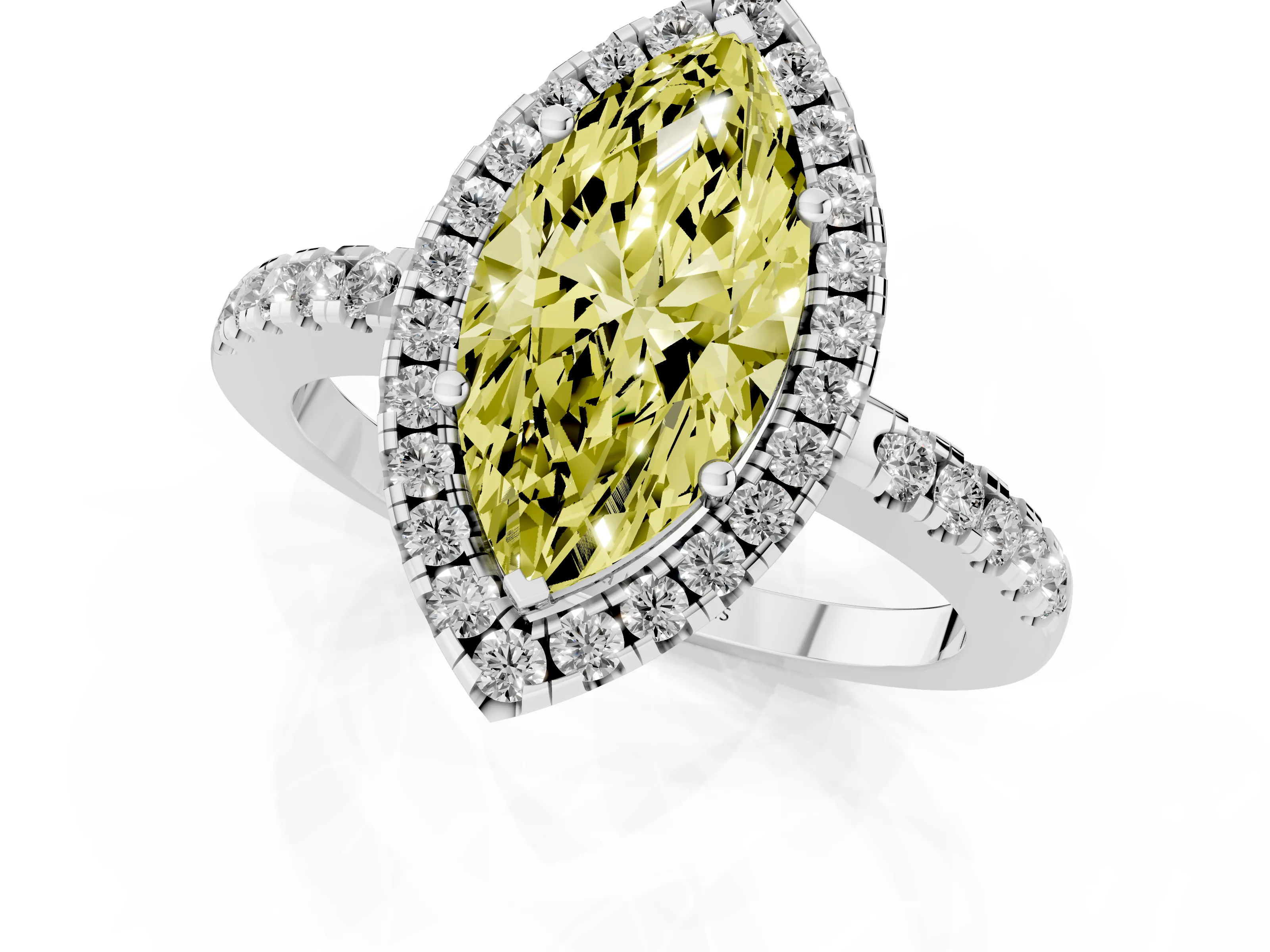 Fancy Yellow Marquise Cut Diamond Pavé Band Halo Engagement Ring Set in Silver with Prong Setting