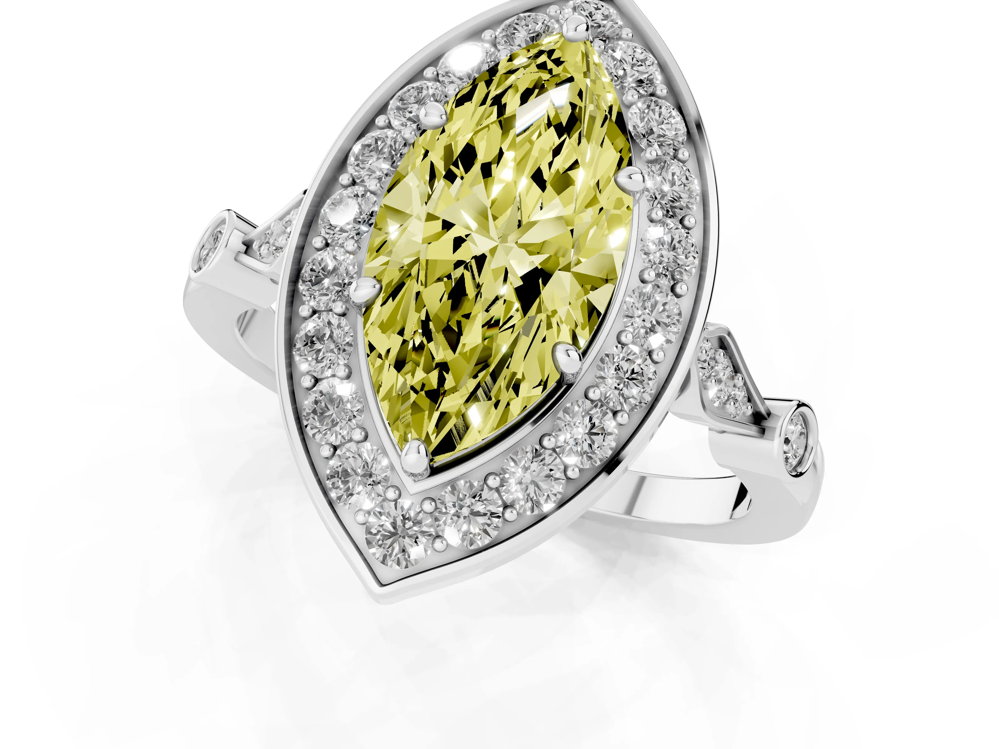 Fancy Yellow Marquise Cut Diamond Halo Engagement Ring Set in Platinum with Twisted Band and Prong Setting – second view