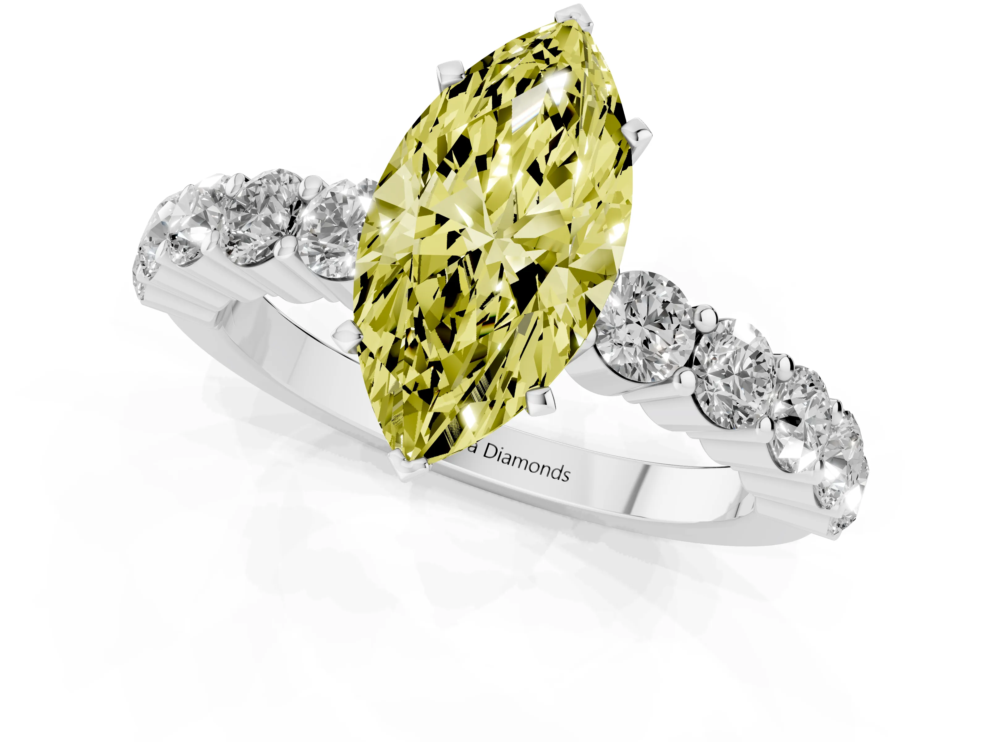 Fancy Yellow Marquise Cut Diamond Solitaire Ring Set in Silver with Shared Prong Round Side Stones