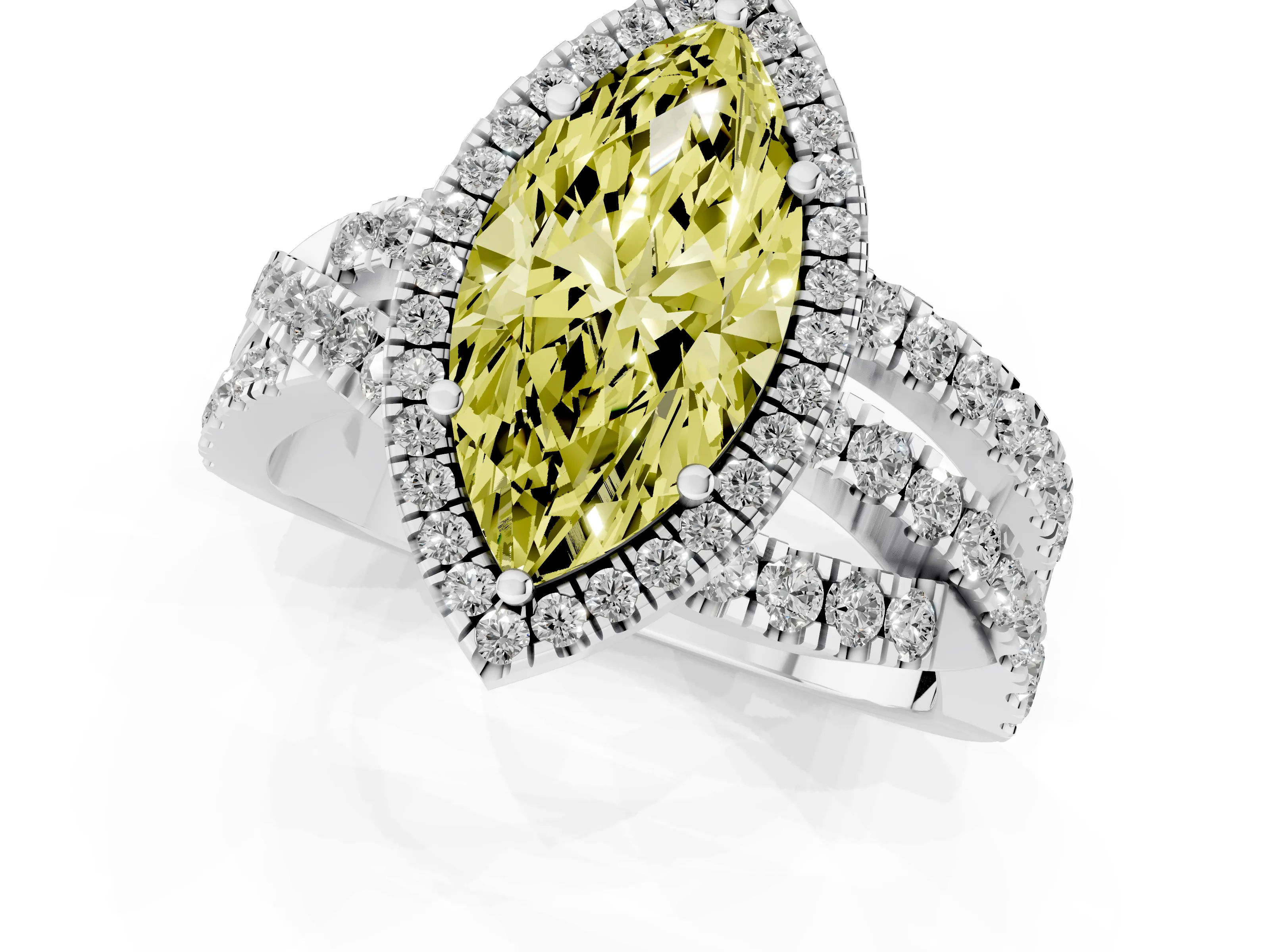 Fancy Yellow Marquise Cut Diamond Halo Ring Set in Platinum with Round Crossover Split Shank and Prong Setting
