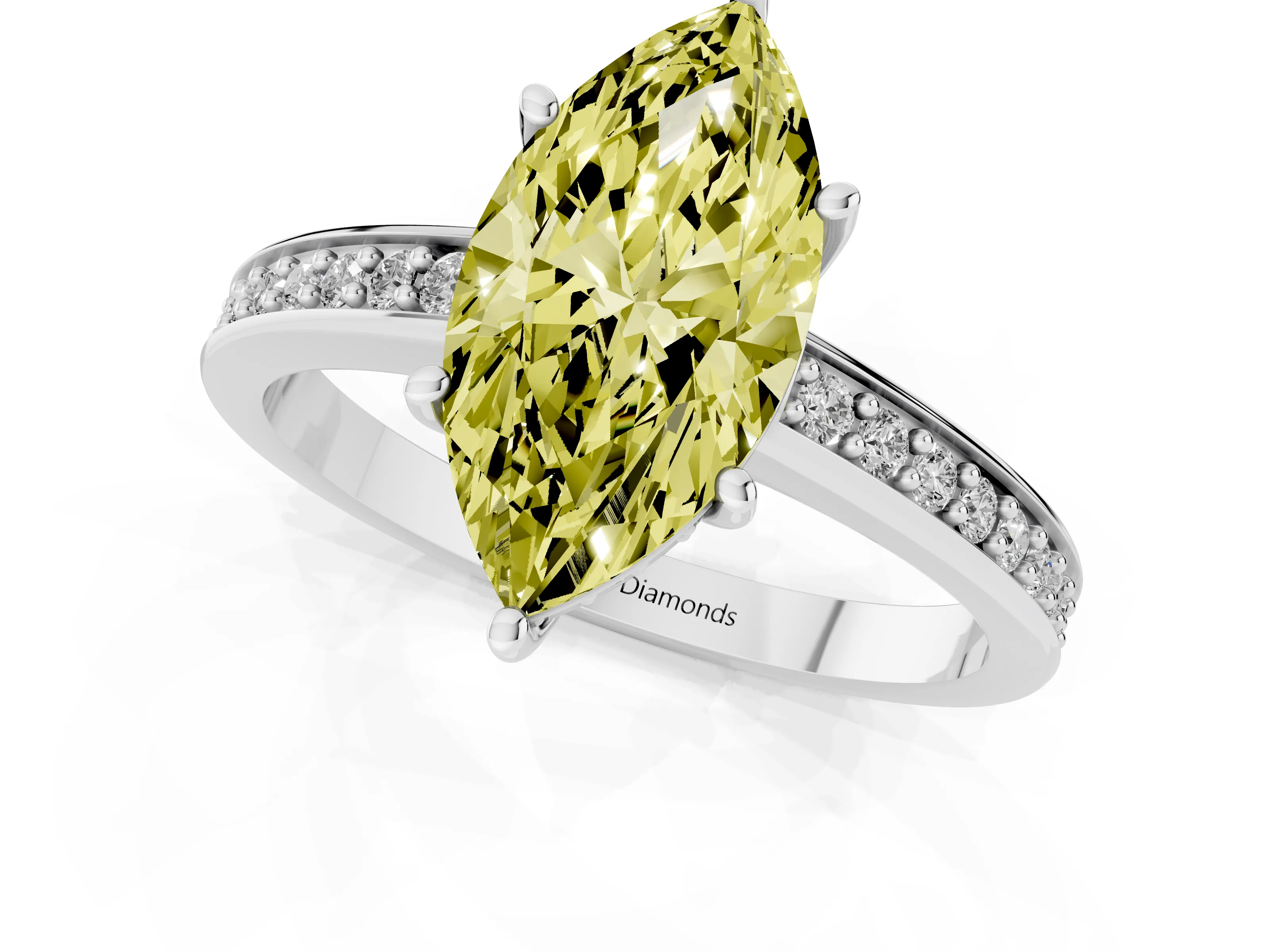 Fancy Yellow Marquise Cut Diamond Pavé Band Prong Set Solitaire Ring Set in Platinum