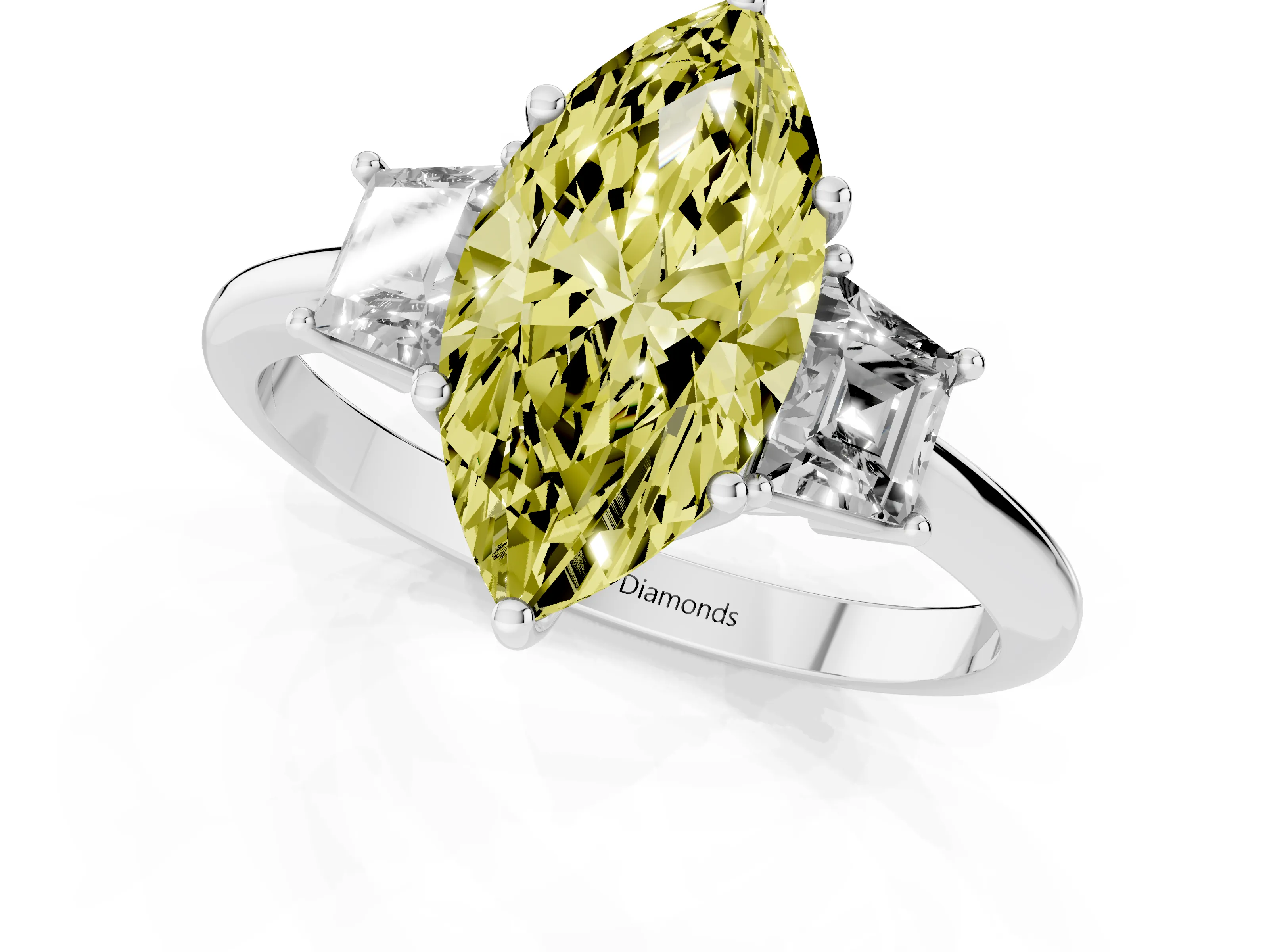 Fancy Yellow Marquise Cut Diamond Three-Stone Ring Set in Platinum with Trapezoid Side Stones and Prong Setting