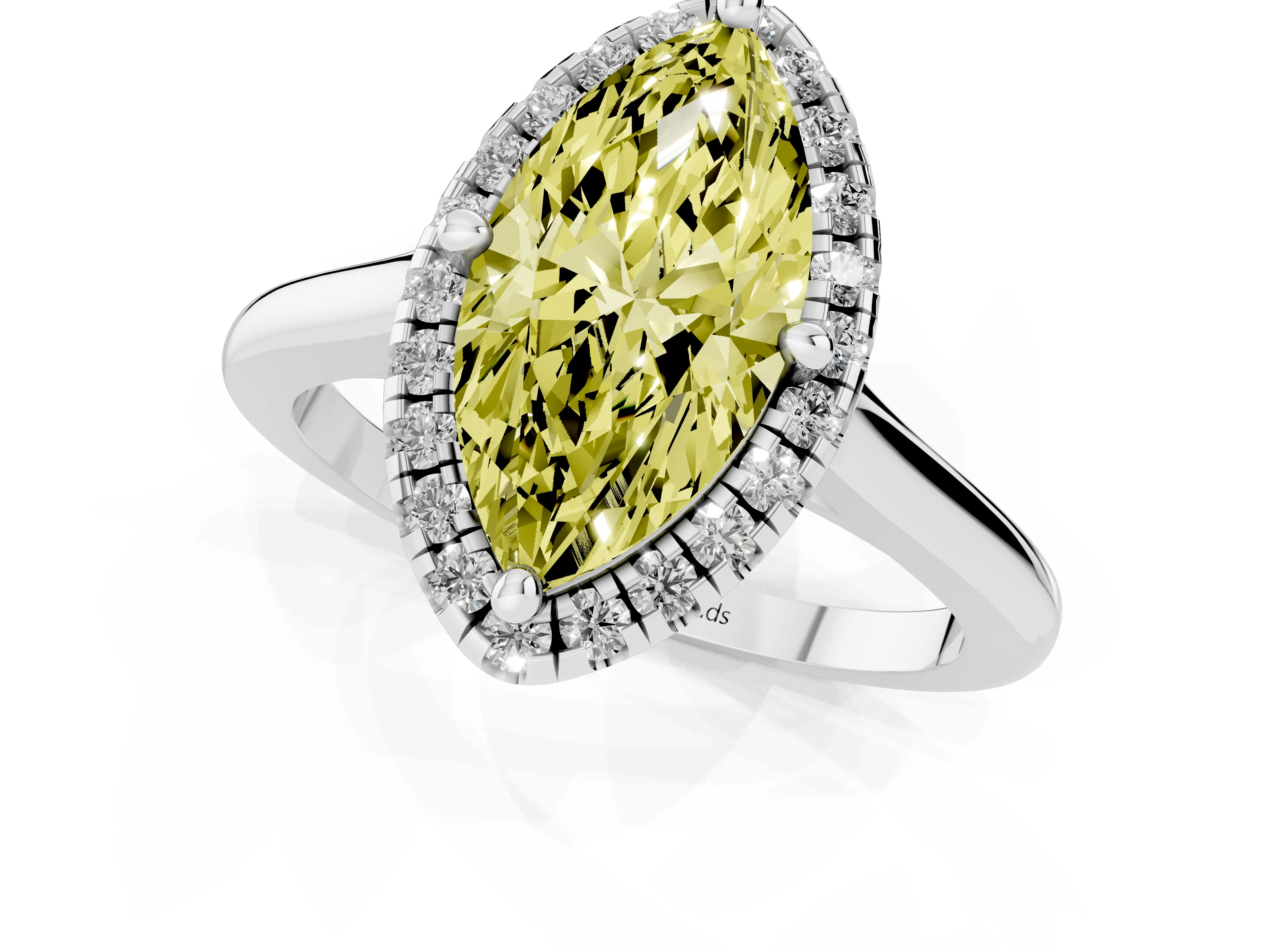Fancy Yellow Marquise Cut Diamond Halo Engagement Ring Set in White gold with Pavé Band and Rising Shoulders