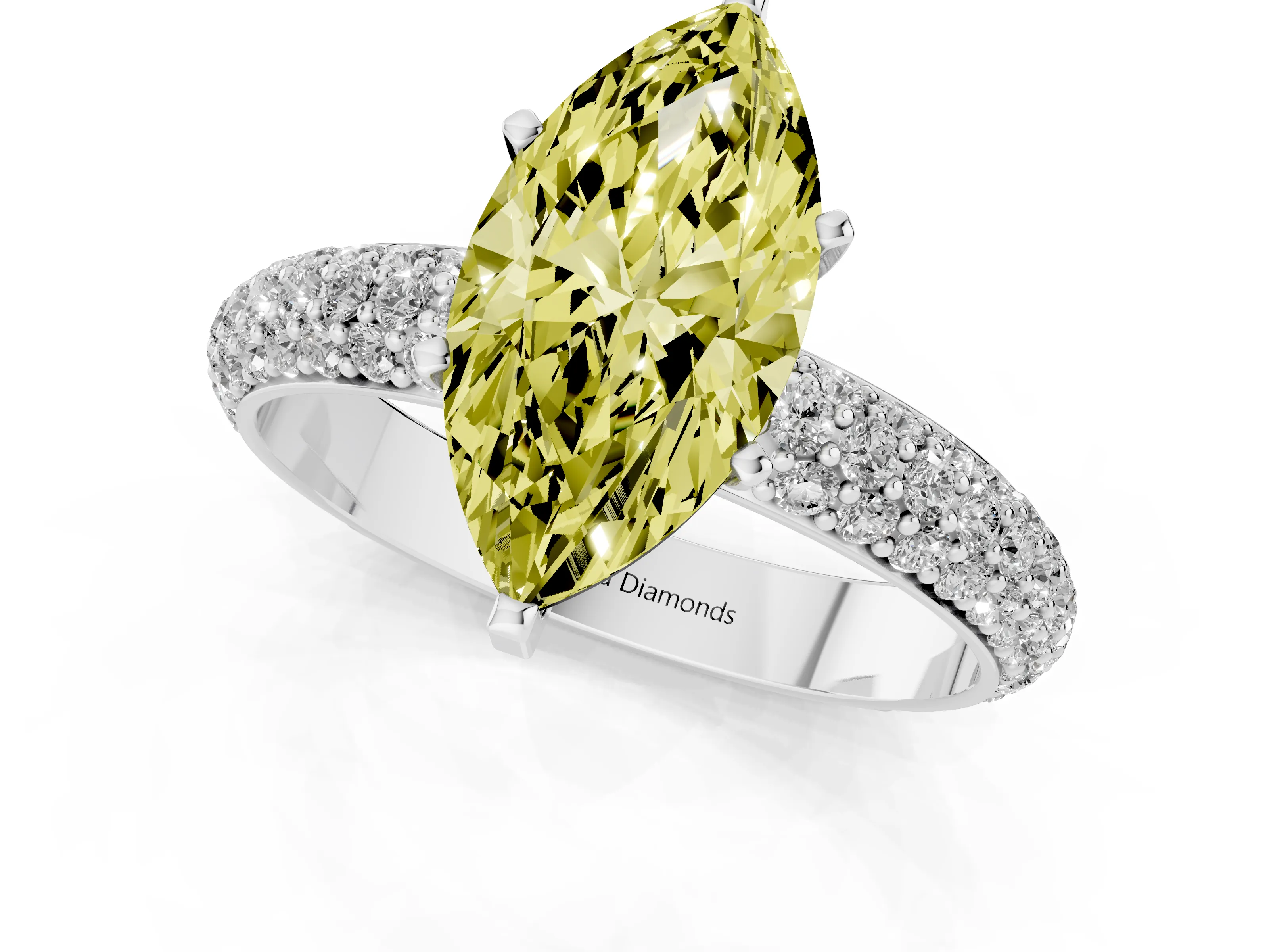 Fancy Yellow Marquise Cut Diamond Solitaire Ring Set in Platinum with Prong Setting and Pavé-Set Band