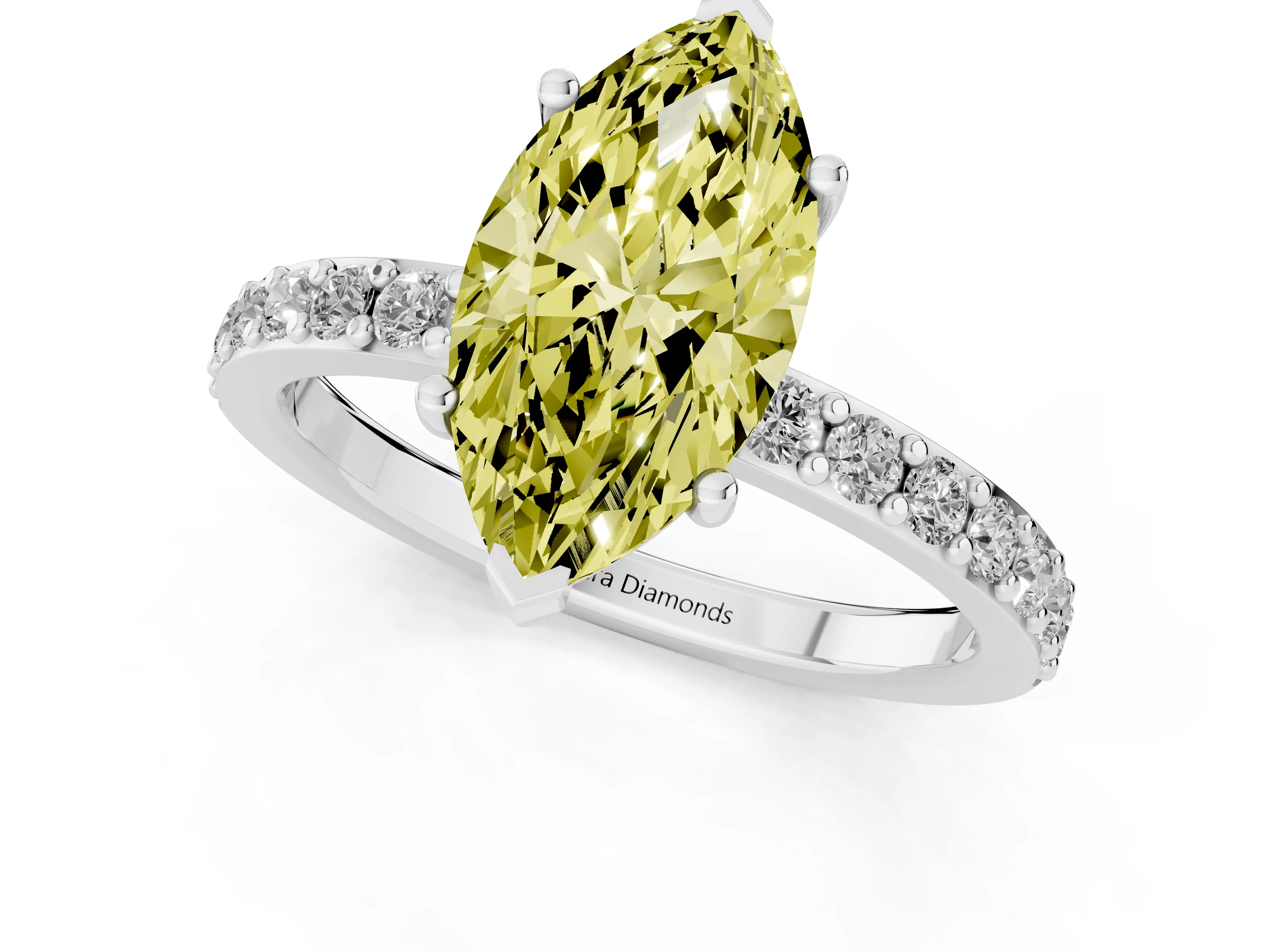 Fancy Yellow Marquise Cut Diamond Solitaire Set in Silver with Round Pavé Band and Prong Setting
