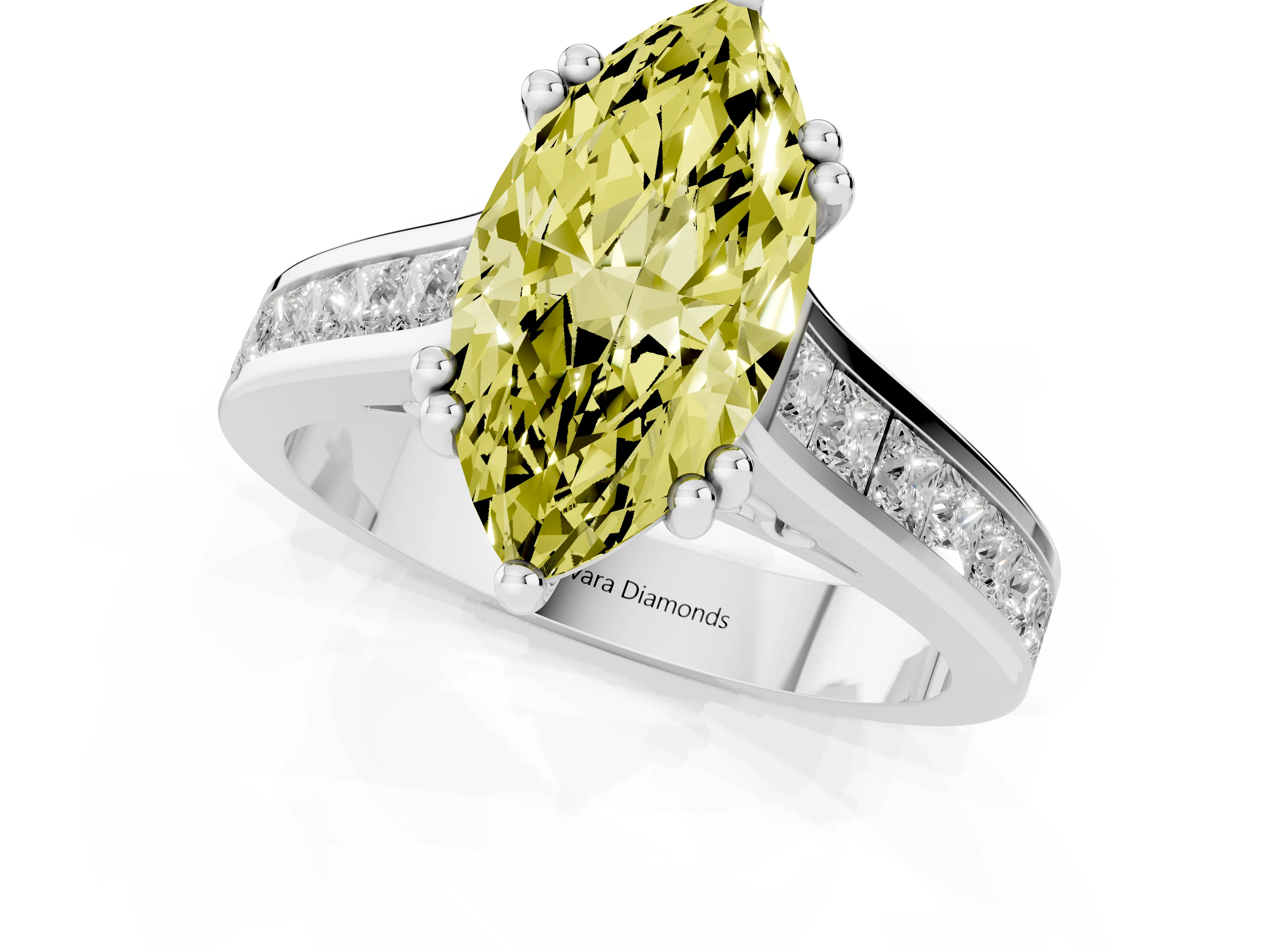 Fancy Yellow Marquise Cut Diamond Channel Set Solitaire Engagement Ring Set in Silver with Prong Setting