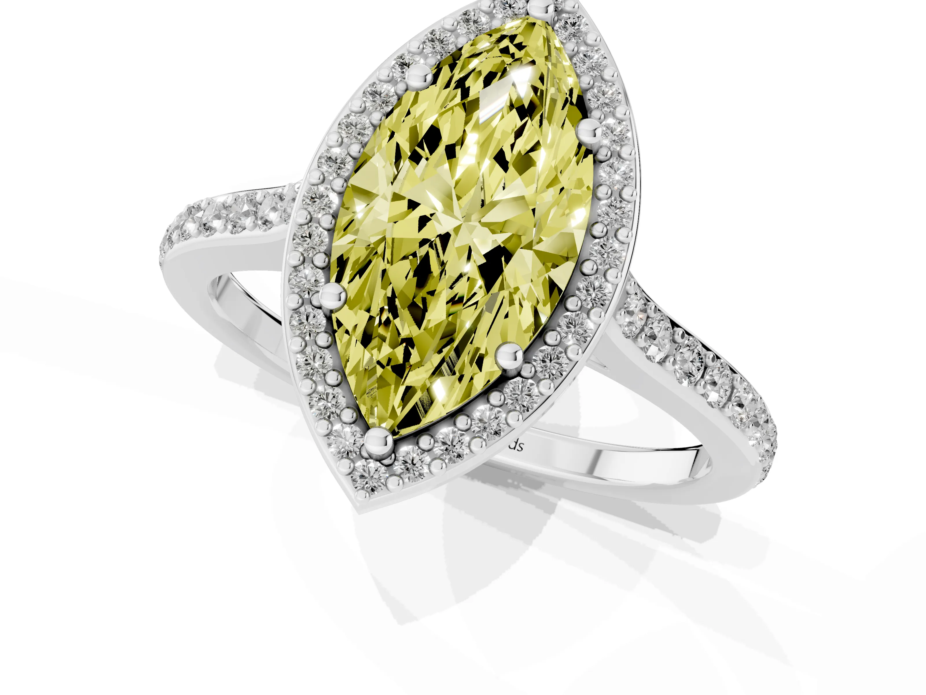 Fancy Yellow Marquise Cut Diamond Halo Engagement Ring Set in Platinum with Round Pavé Shoulders and Heart Gallery – second view