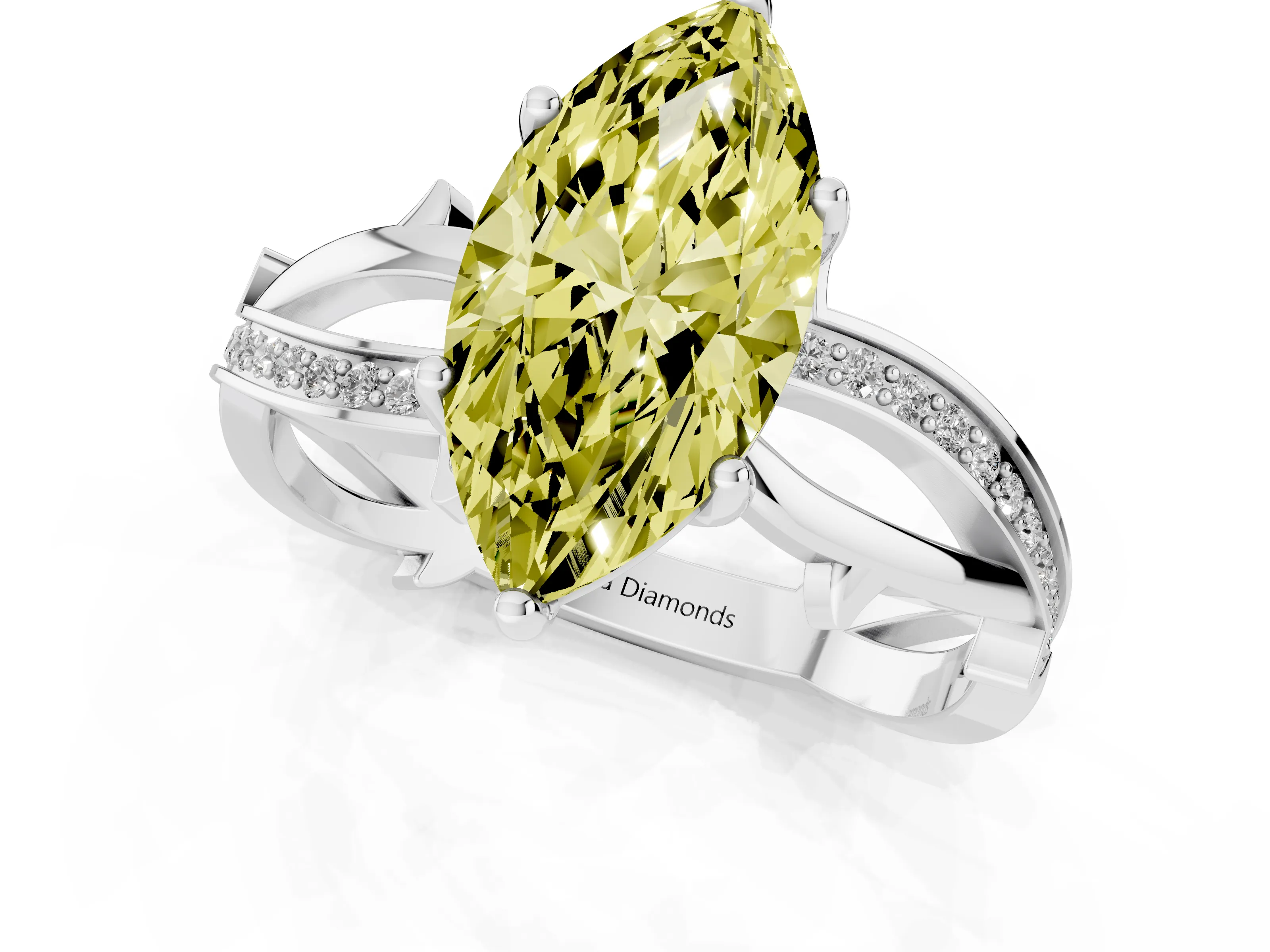 Fancy Yellow Marquise Cut Diamond Pavé Twist Band Solitaire Ring Set in Platinum with Prong Setting