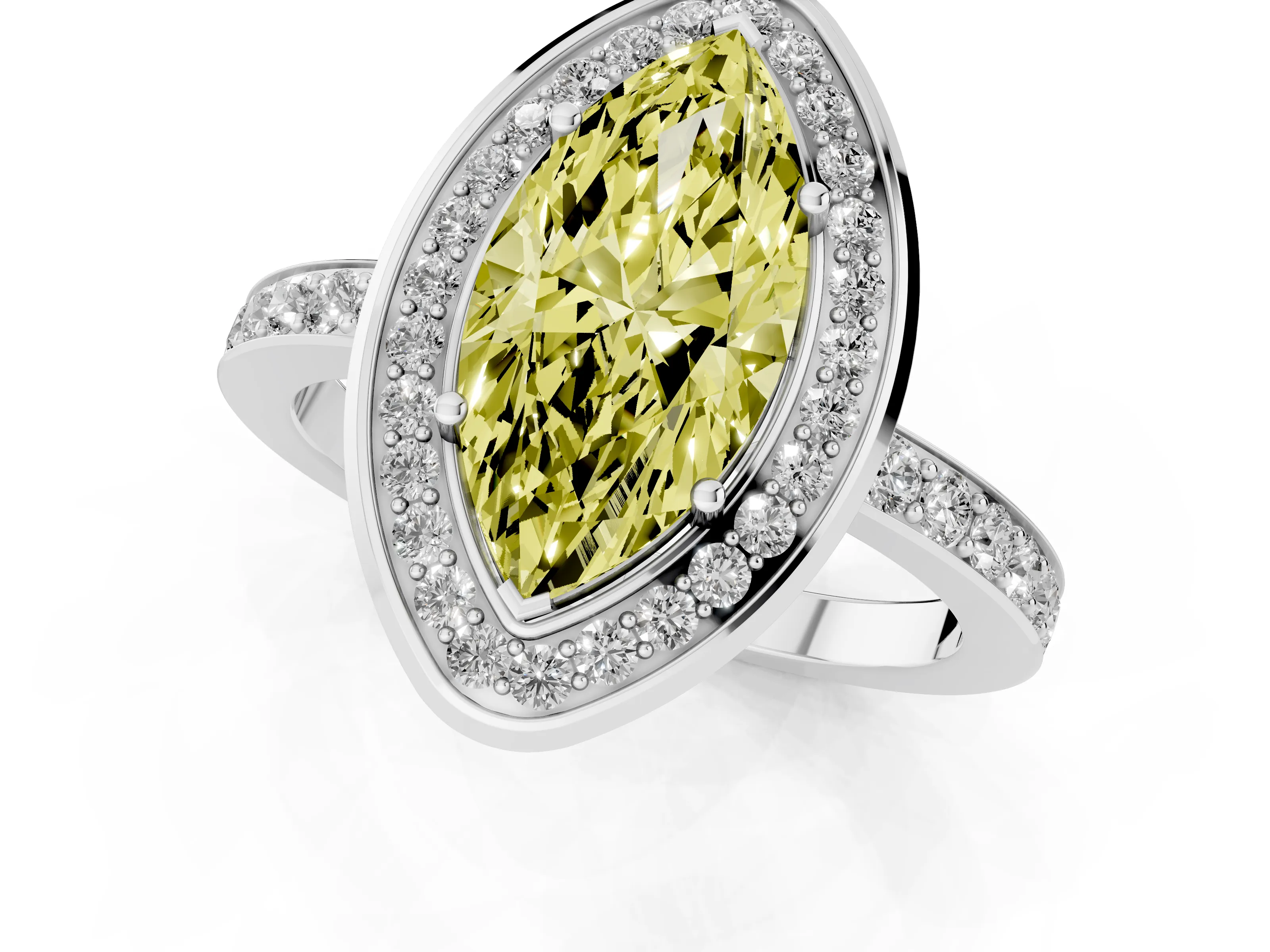 Fancy Yellow Marquise Cut Diamond Halo Ring Set in Silver with Bezel Frame and Pavé Band