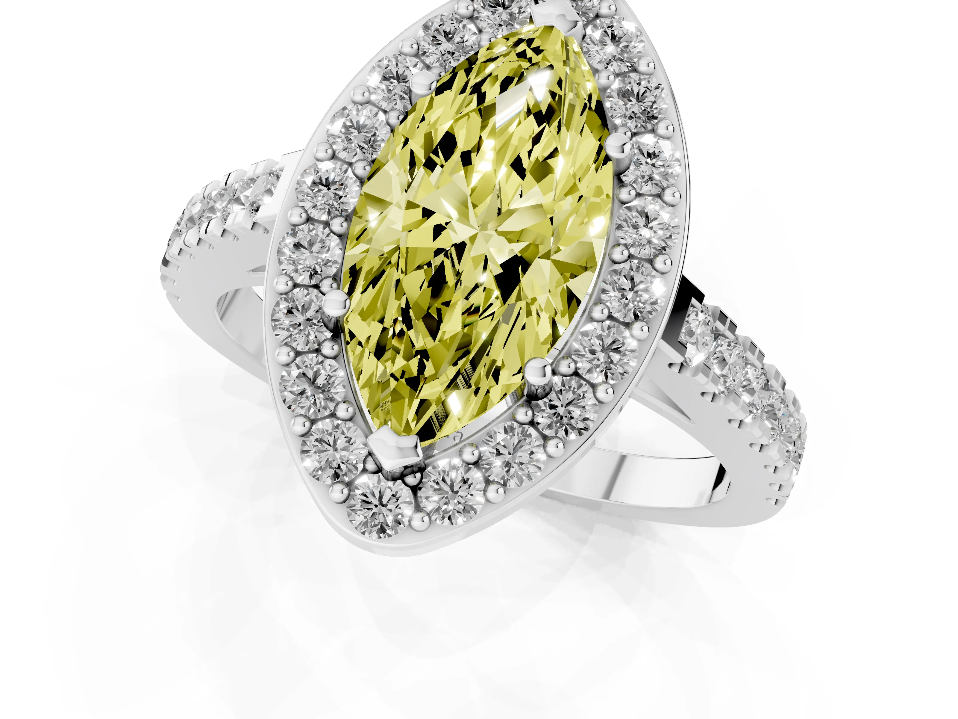 Fancy Yellow Marquise Cut Diamond Halo Ring Set in Silver with Round Pavé Split Shank and Prong Setting