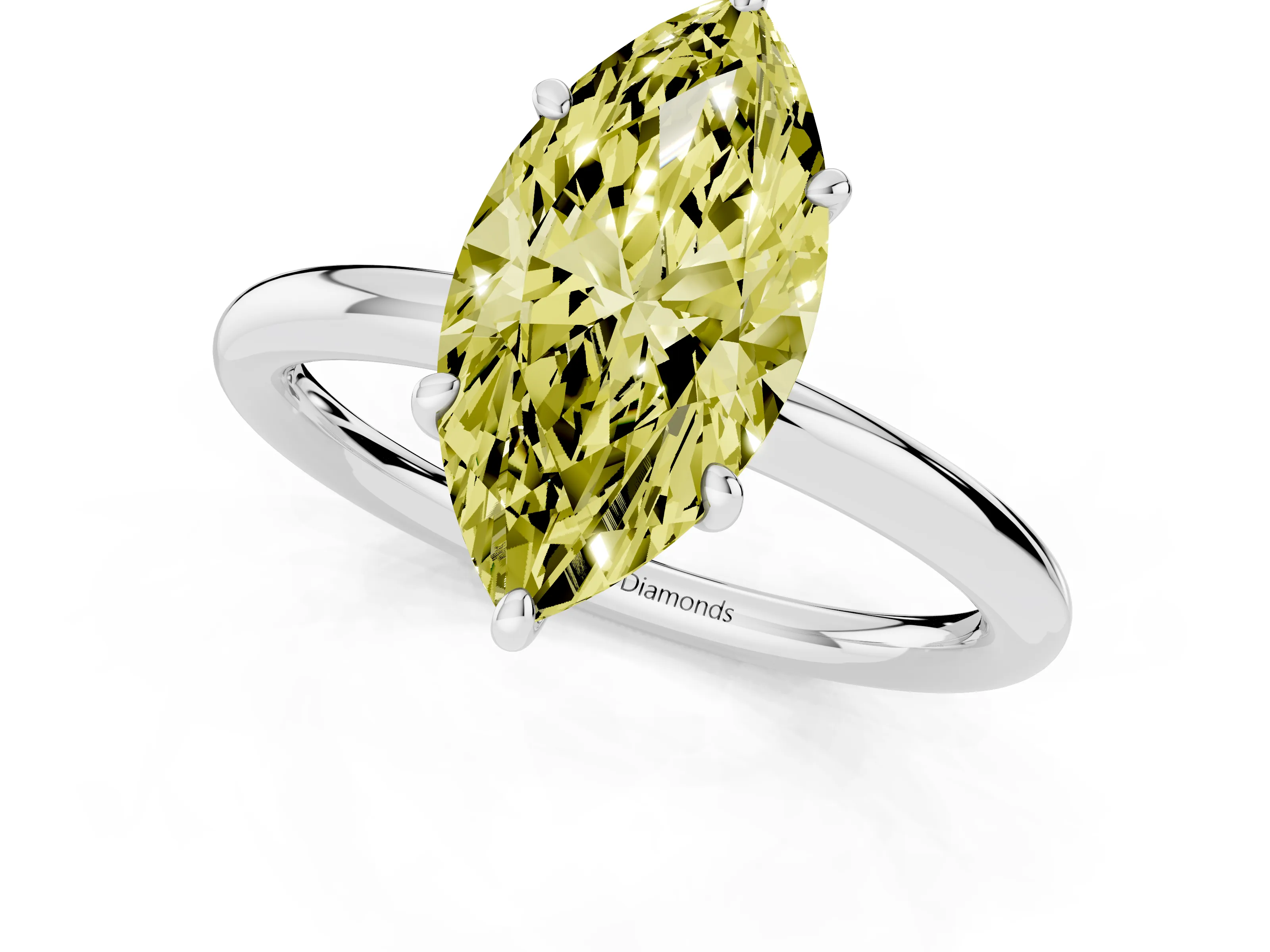 Fancy Yellow Marquise Cut Diamond Solitaire Ring Set in Platinum with Prong Setting on a Polished Plain Band