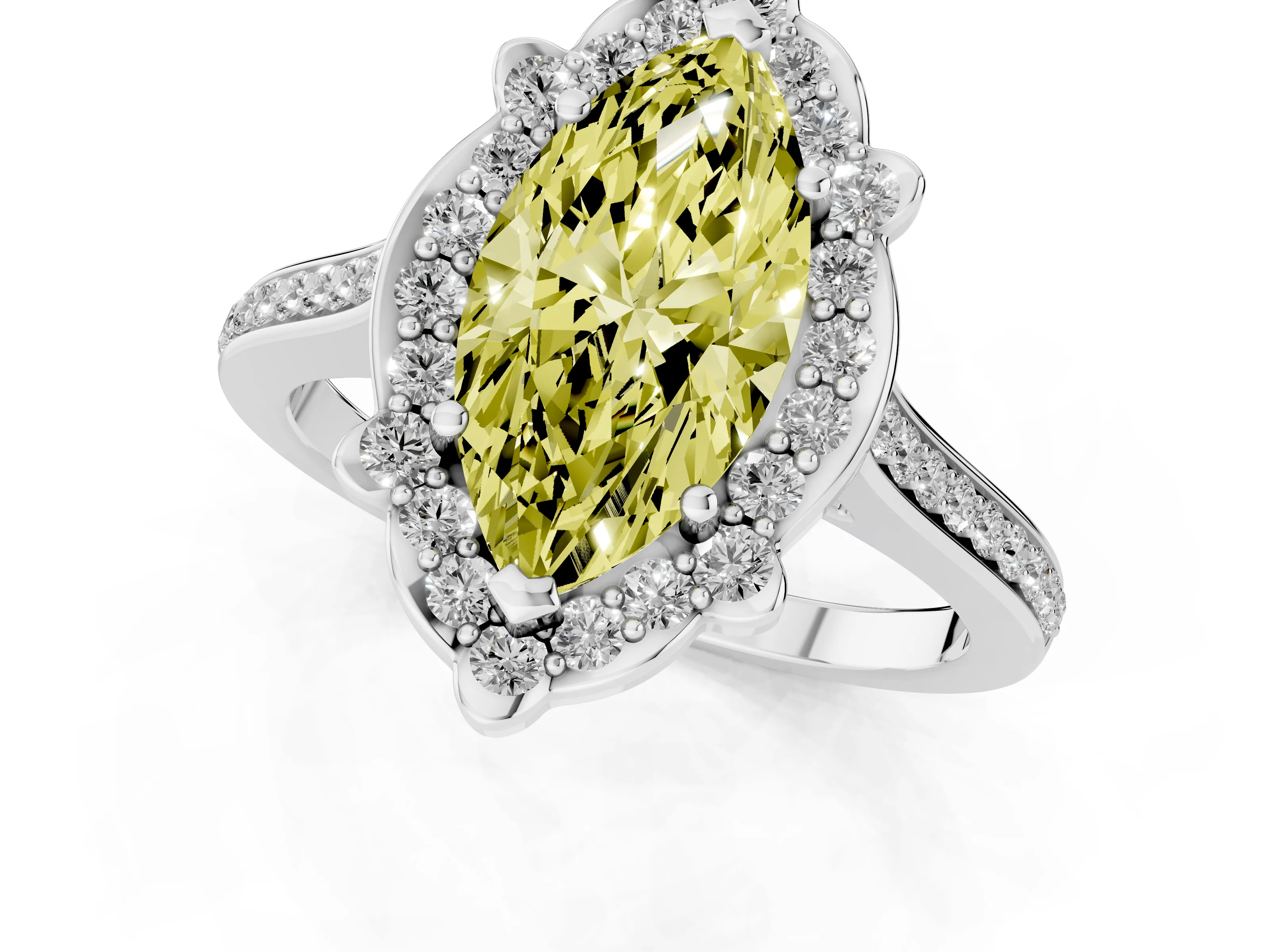 Fancy Yellow Marquise Cut Diamond Halo Ring Set in White gold with Pavé-Lined Shoulders and Prong Setting