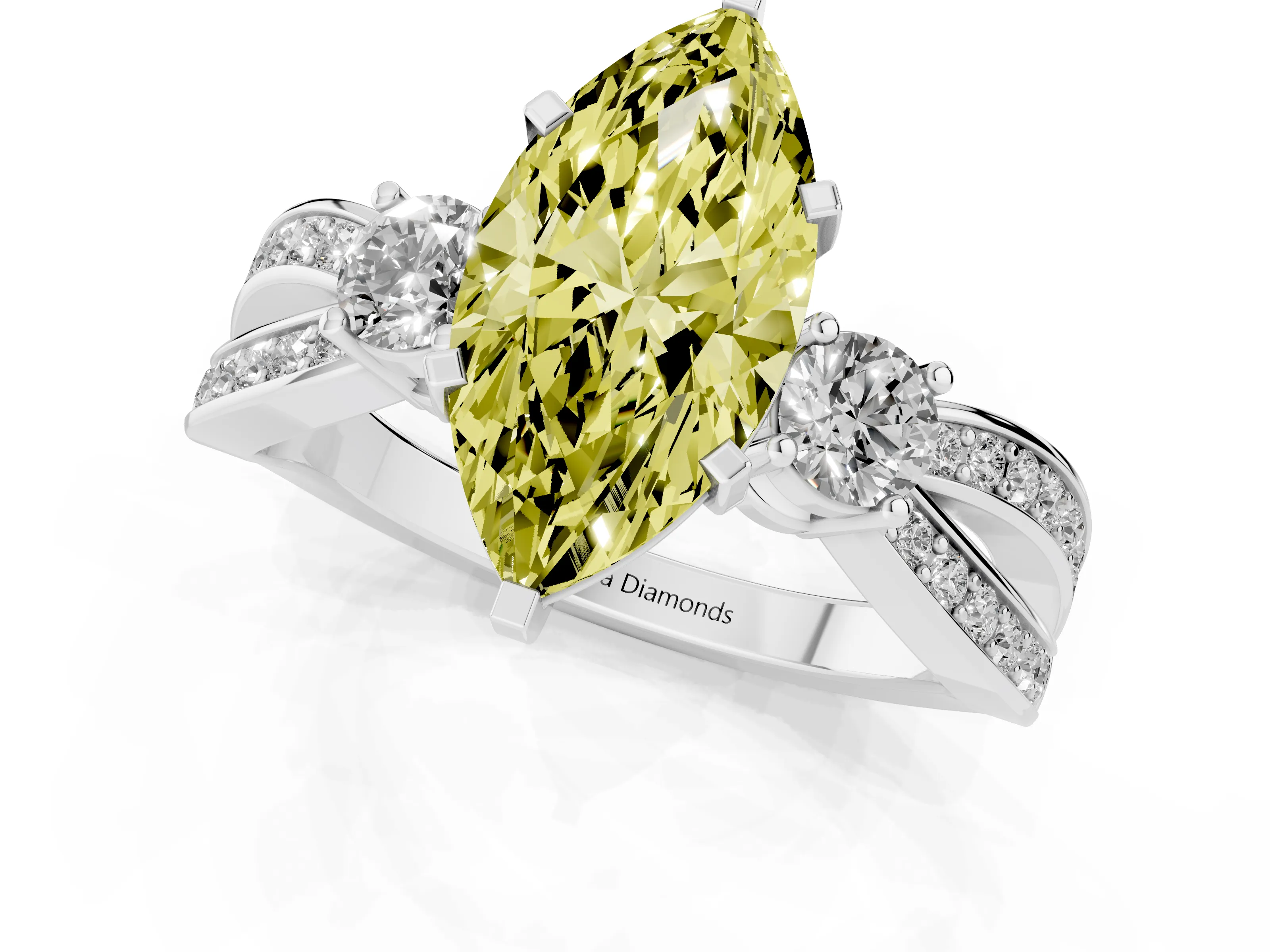 Fancy Yellow Three-Stone Marquise Cut Diamond Twist Band Ring Set in White gold with Pavé Accents and Prong Setting