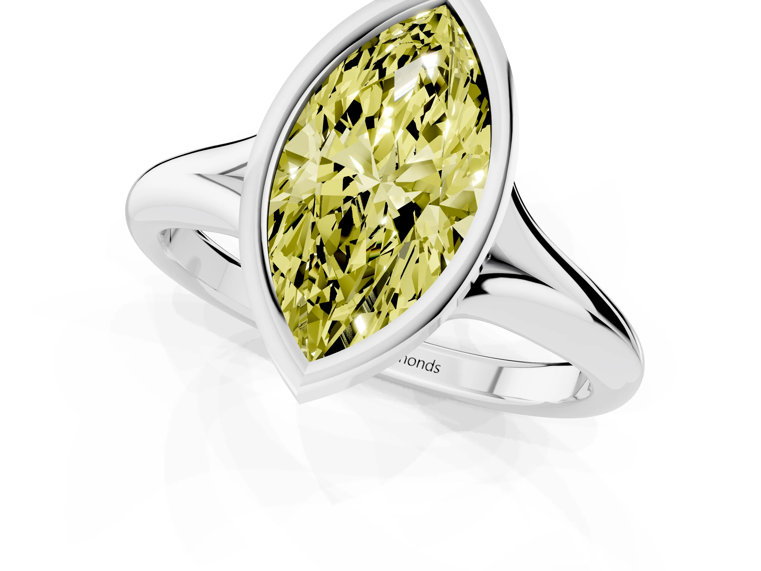 Fancy Yellow Bezel Set Marquise Cut Diamond Solitaire Ring Set in Silver with Smooth Band