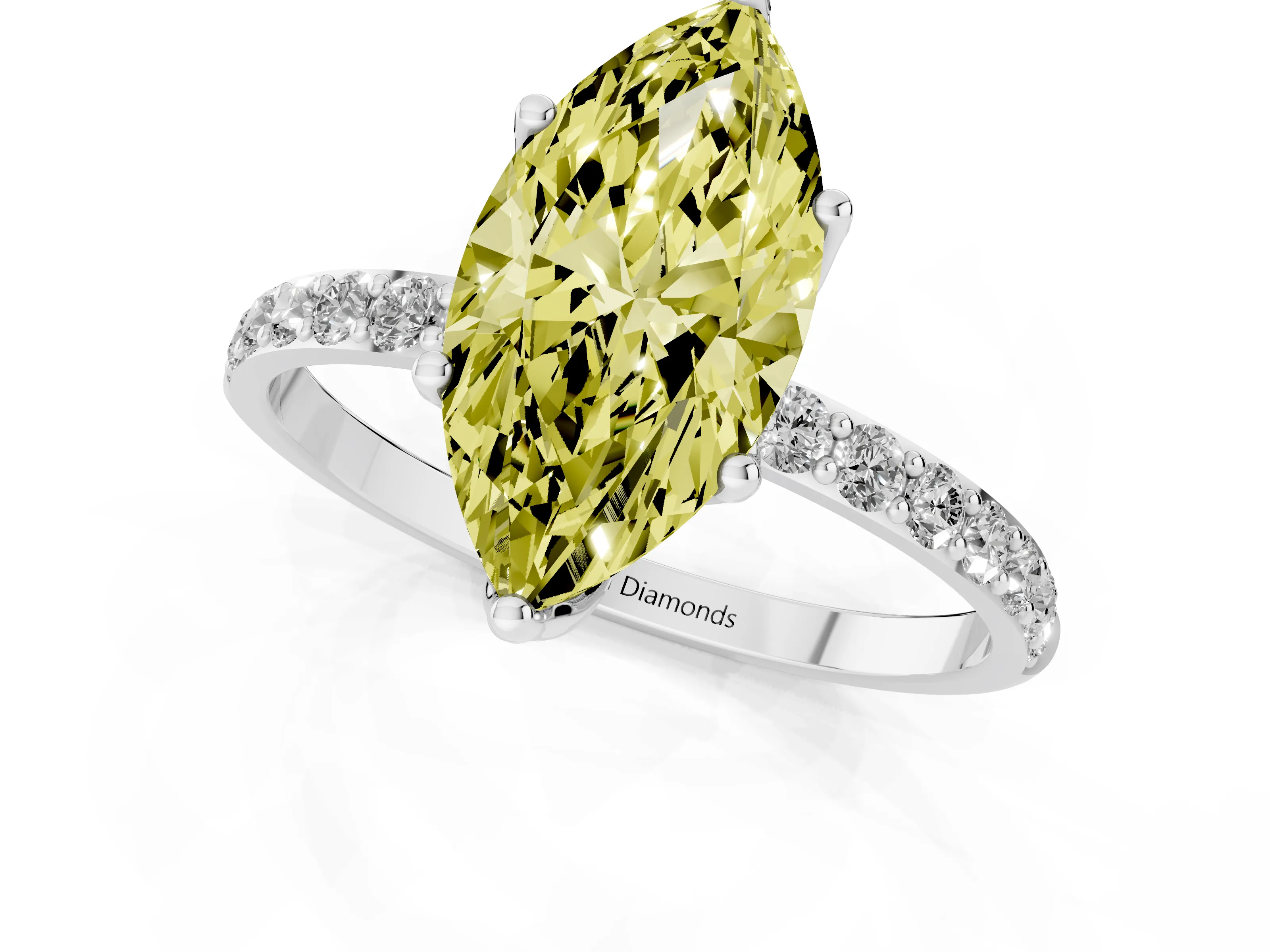 Fancy Yellow Marquise Cut Diamond Solitaire Engagement Ring Set in Silver with Round Pavé Band and Prong Setting