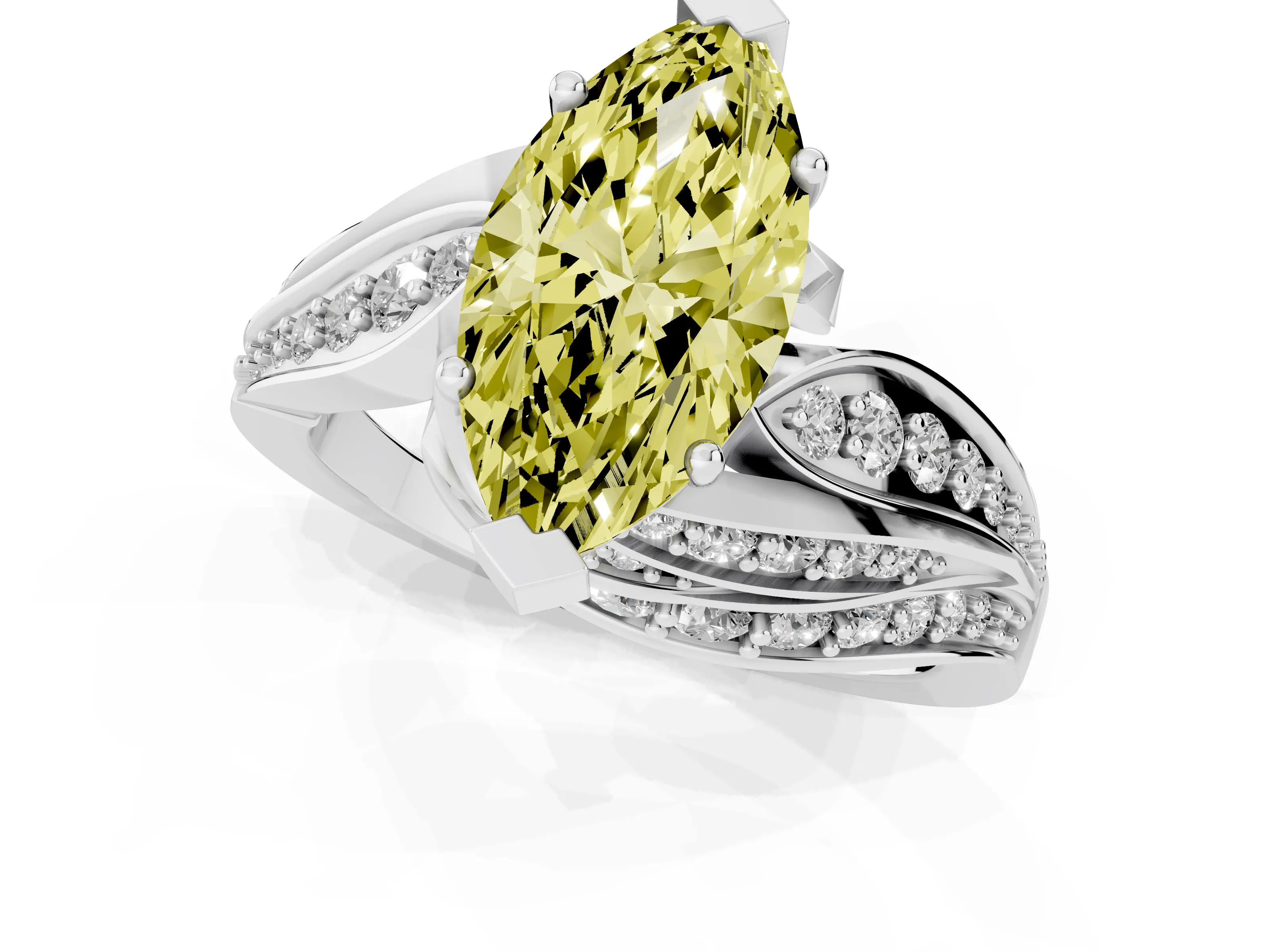 Fancy Yellow Marquise Cut Diamond Solitaire Ring Set in Platinum with Layered Twist Pavé Band