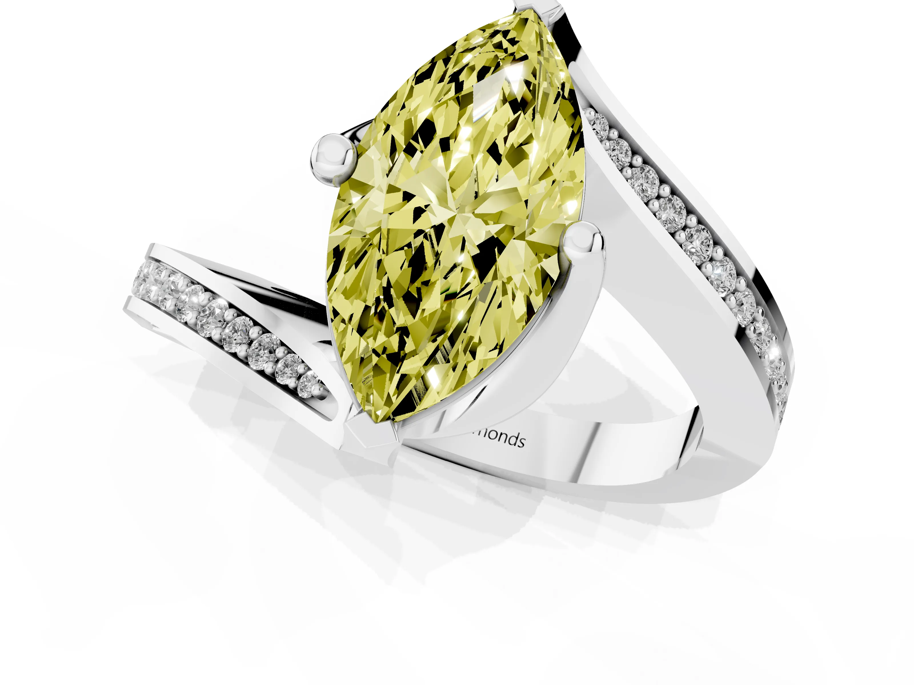 Fancy Yellow Marquise Cut Diamond Solitaire Ring Set in Platinum with Intertwined Pavé Twist Band