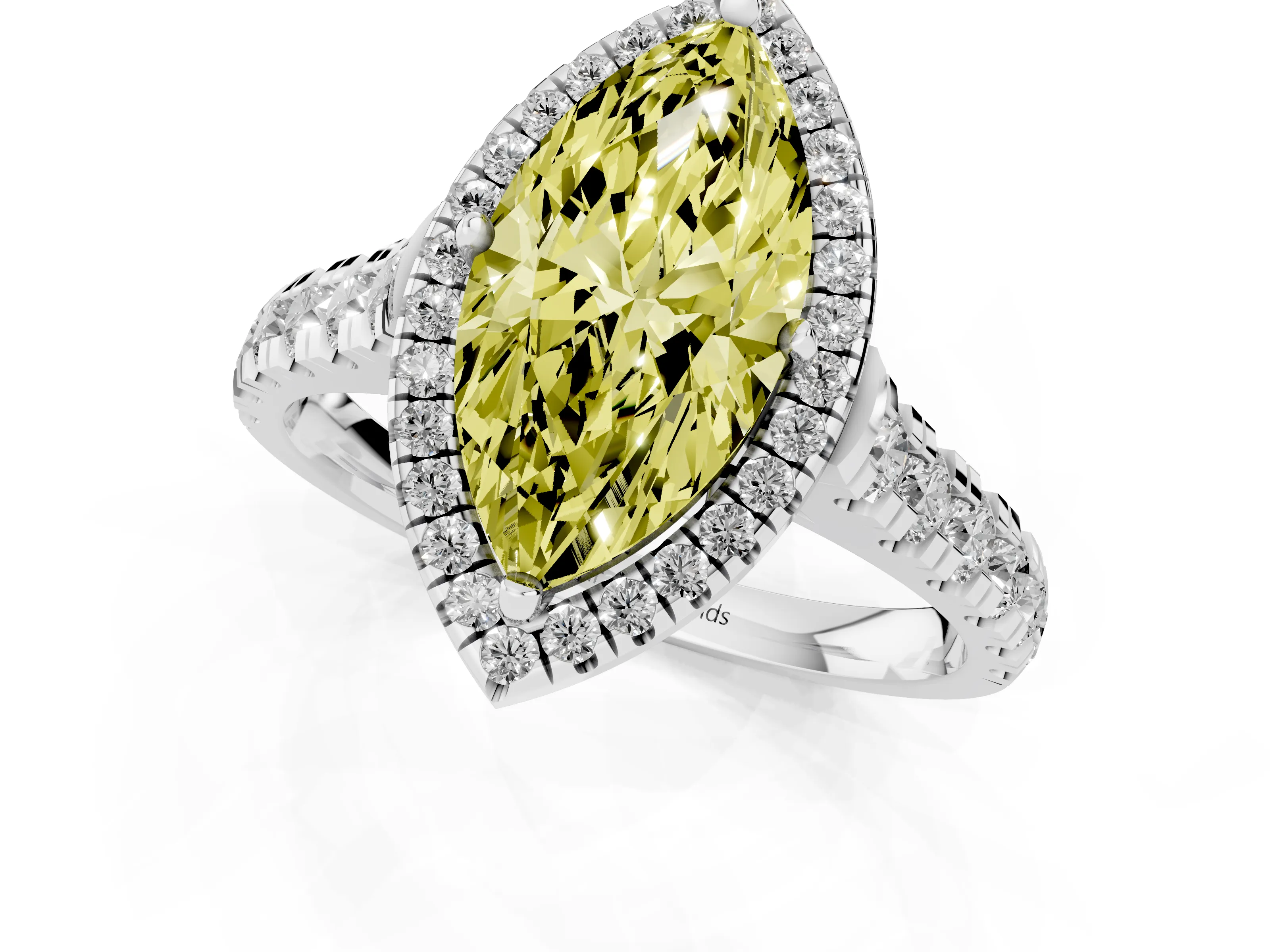 Fancy Yellow Marquise Cut Diamond Halo Engagement Ring Set in Platinum with Pavé Band and Prong-Set Center