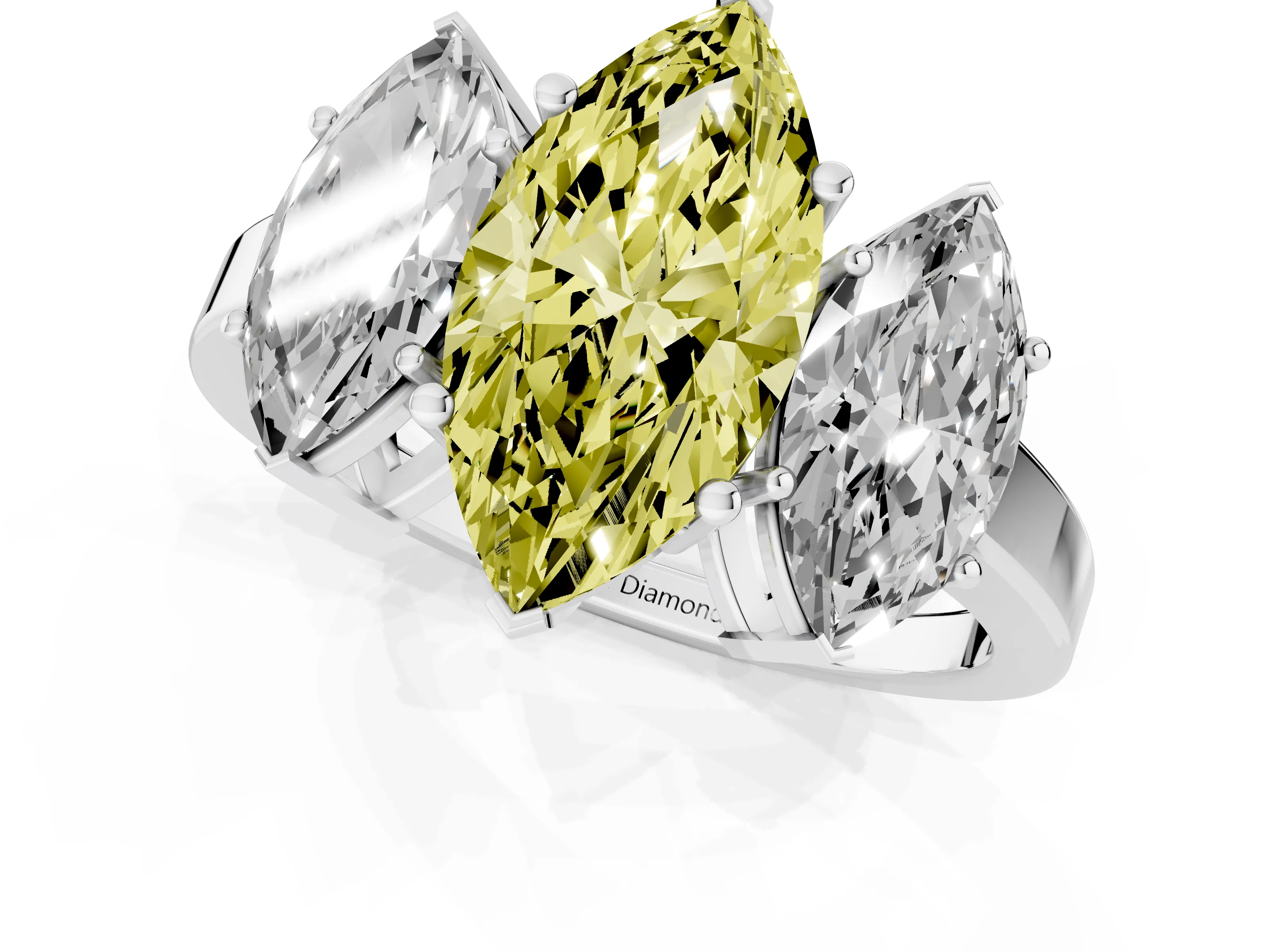 Fancy Yellow Marquise Cut Diamond Three-Stone Engagement Ring Set in Platinum with Flat Band