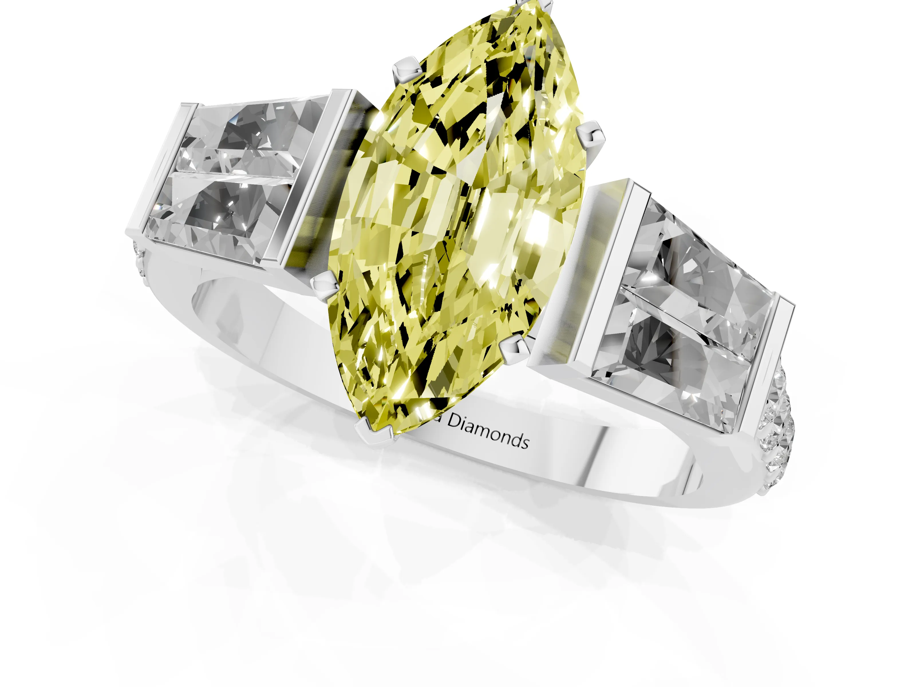 Fancy Yellow Marquise Cut Diamond Engagement Ring Set in White gold with Baguette Side Stones and Channel Set Band