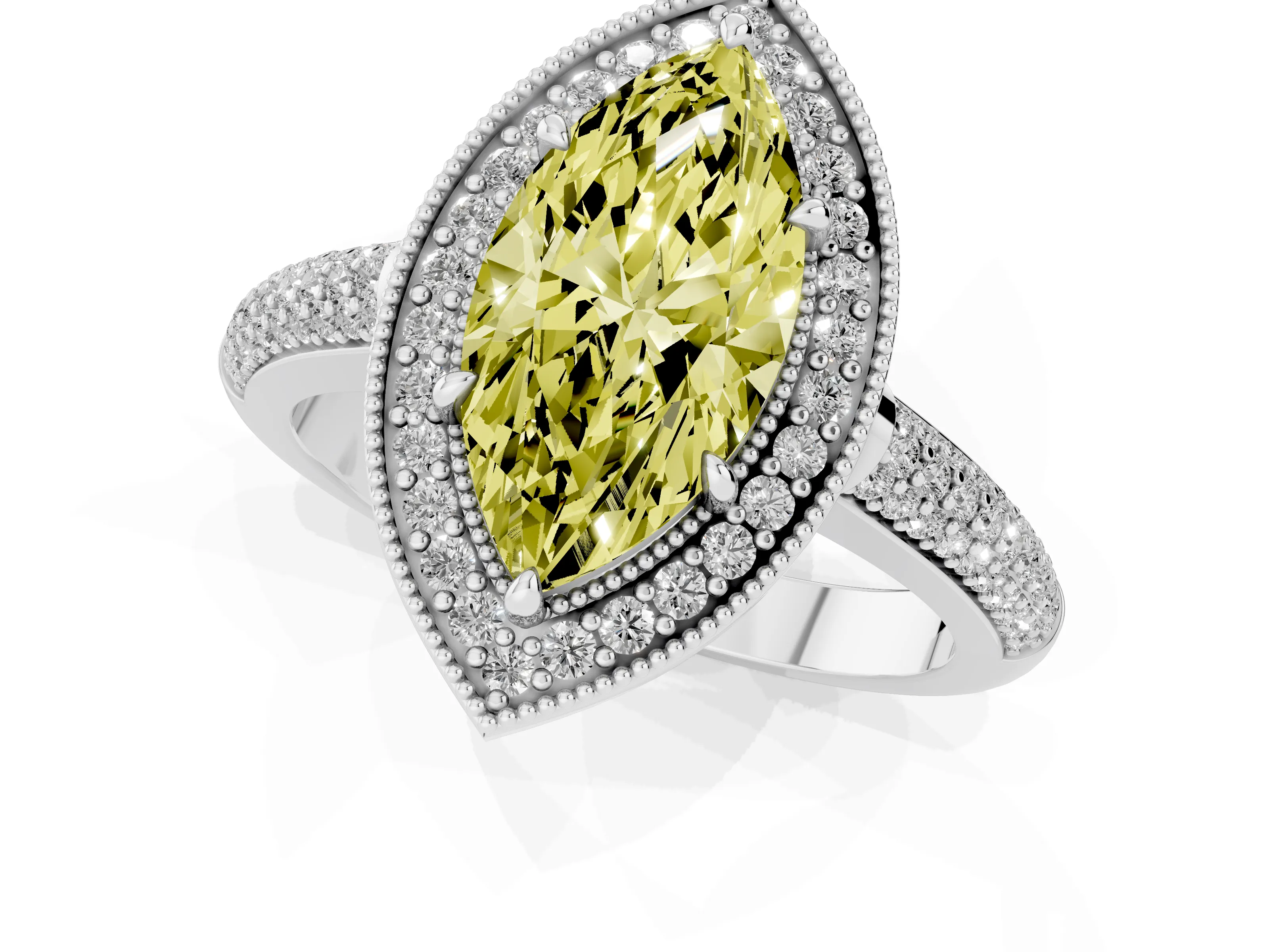 Fancy Yellow Marquise Cut Diamond Halo Pavé Band Set in Silver with Prong Setting