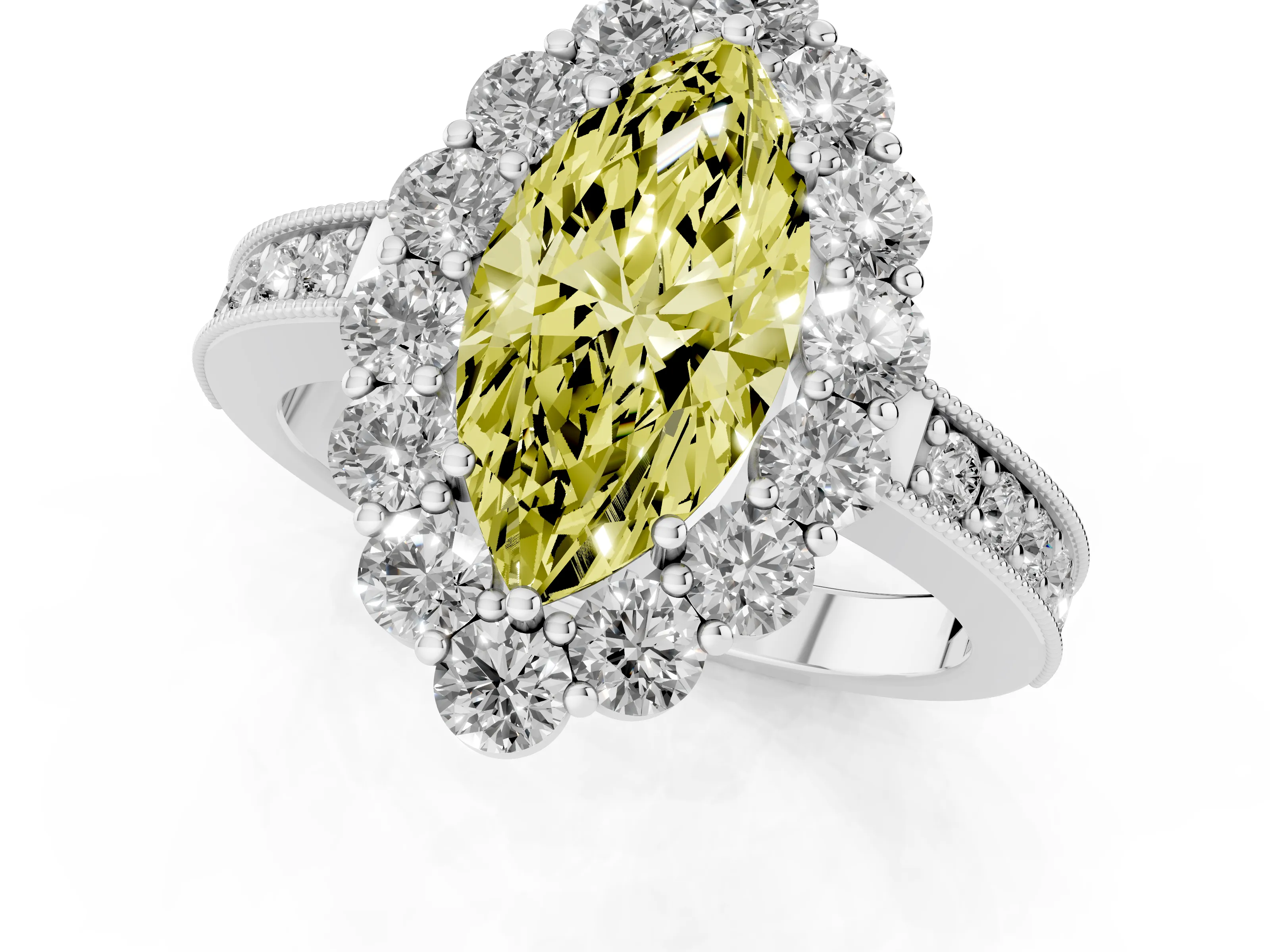 Fancy Yellow Marquise Cut Diamond Halo Pavé Engagement Ring Set in White gold with Milgrain Detailing