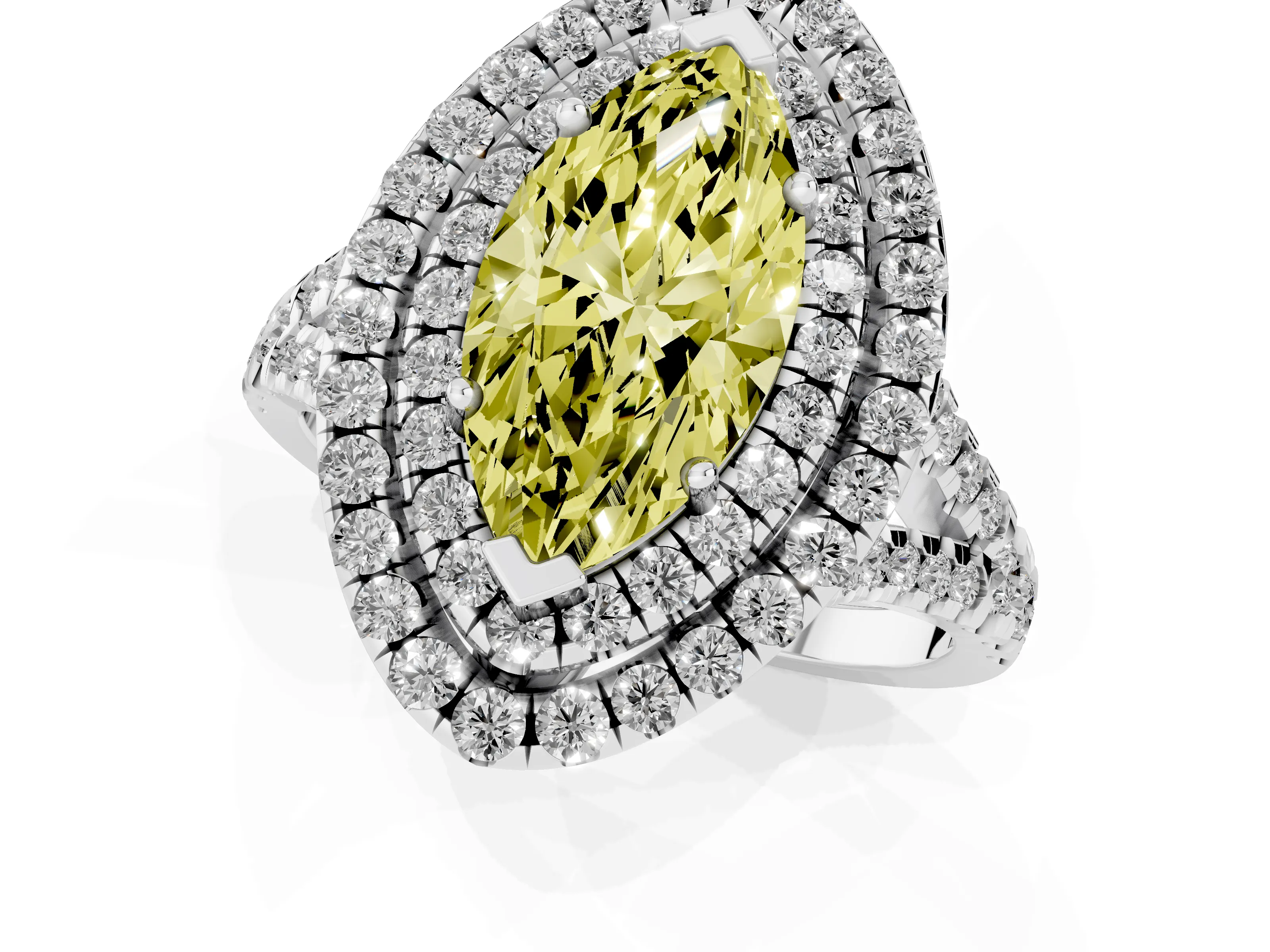 Fancy Yellow Marquise Cut Diamond Double Halo Ring Set in Silver with Pavé Split Shank and Prong Setting
