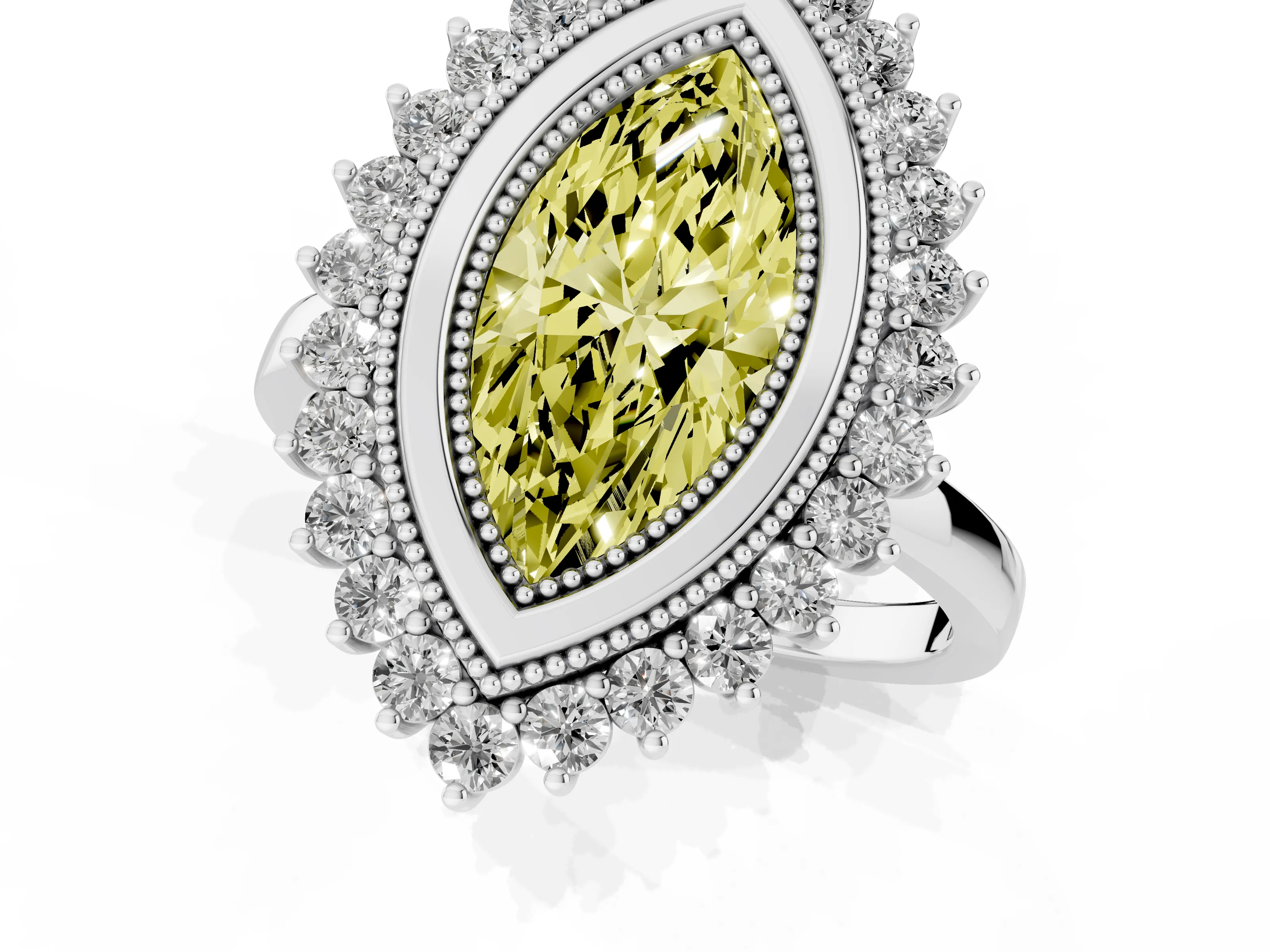 Fancy Yellow Marquise Cut Diamond Halo Ring Set in Platinum with Milgrain Edge and Round Prong Setting