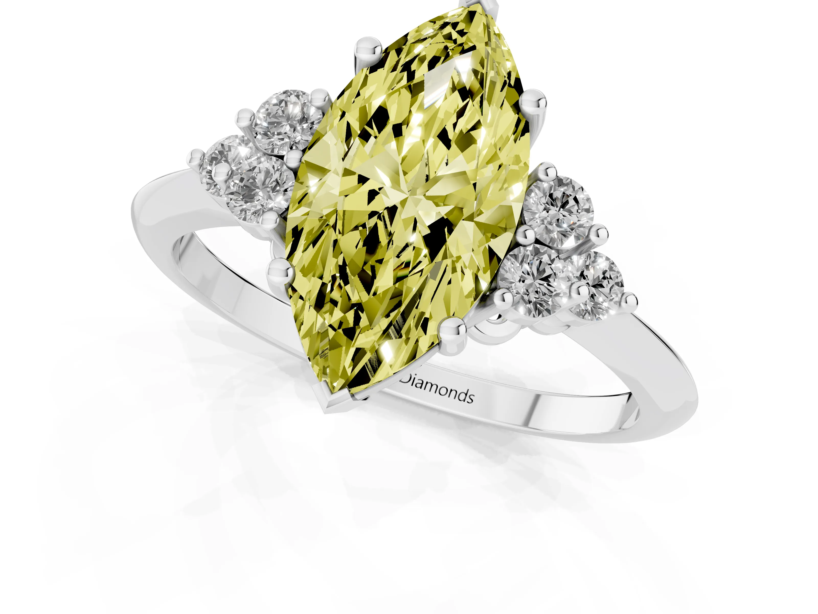 Fancy Yellow Marquise Cut Diamond Cluster Ring Set in Platinum with Plain Band and Prong Setting