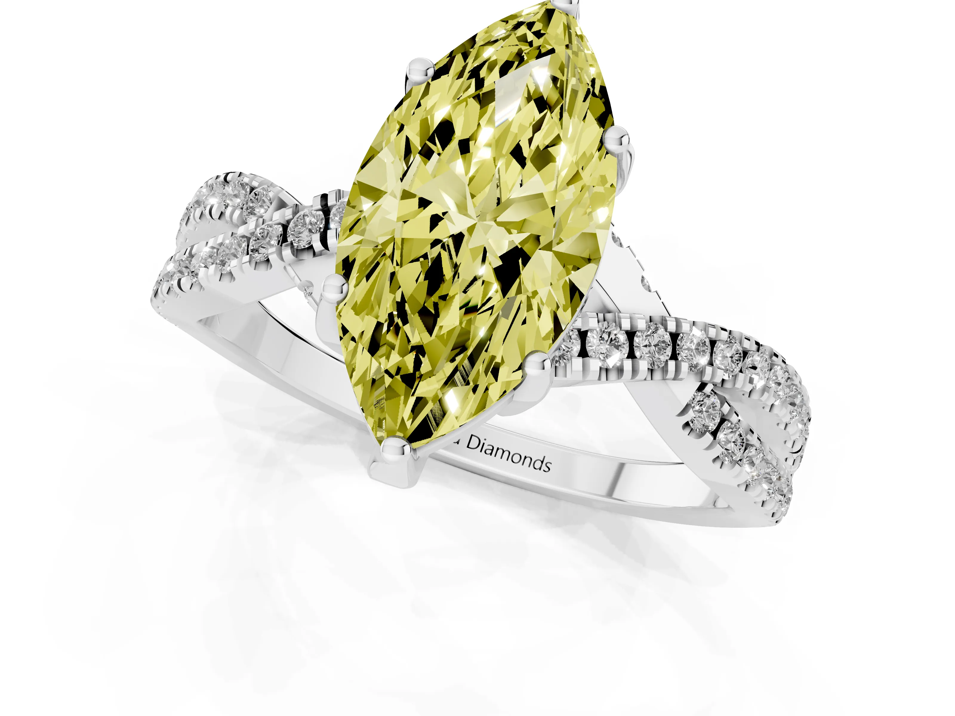 Fancy Yellow Marquise Cut Diamond Twist Pavé Solitaire Engagement Ring Set in White gold with Prong Setting