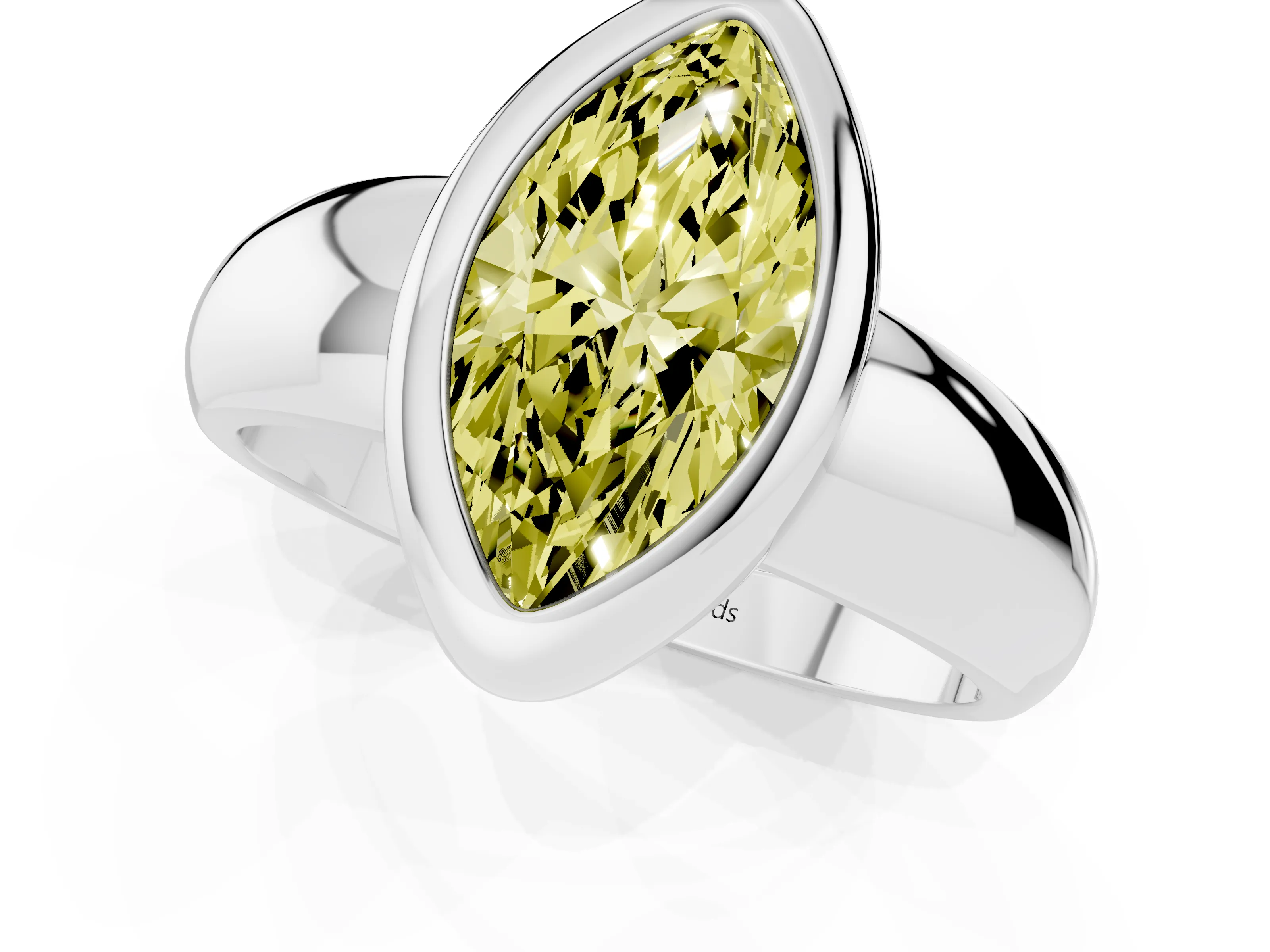 Fancy Yellow Bezel Set Marquise Cut Diamond Solitaire Ring Set in Platinum with Wide Band