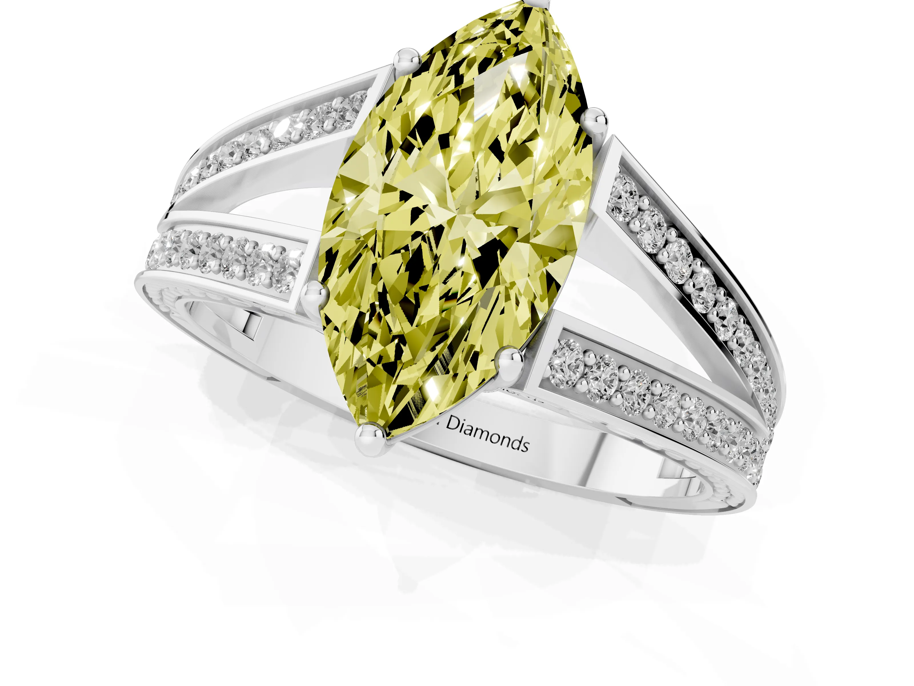 Fancy Yellow Marquise Cut Diamond Split Shank Ring Set in Silver with Pavé Band and Prong Setting