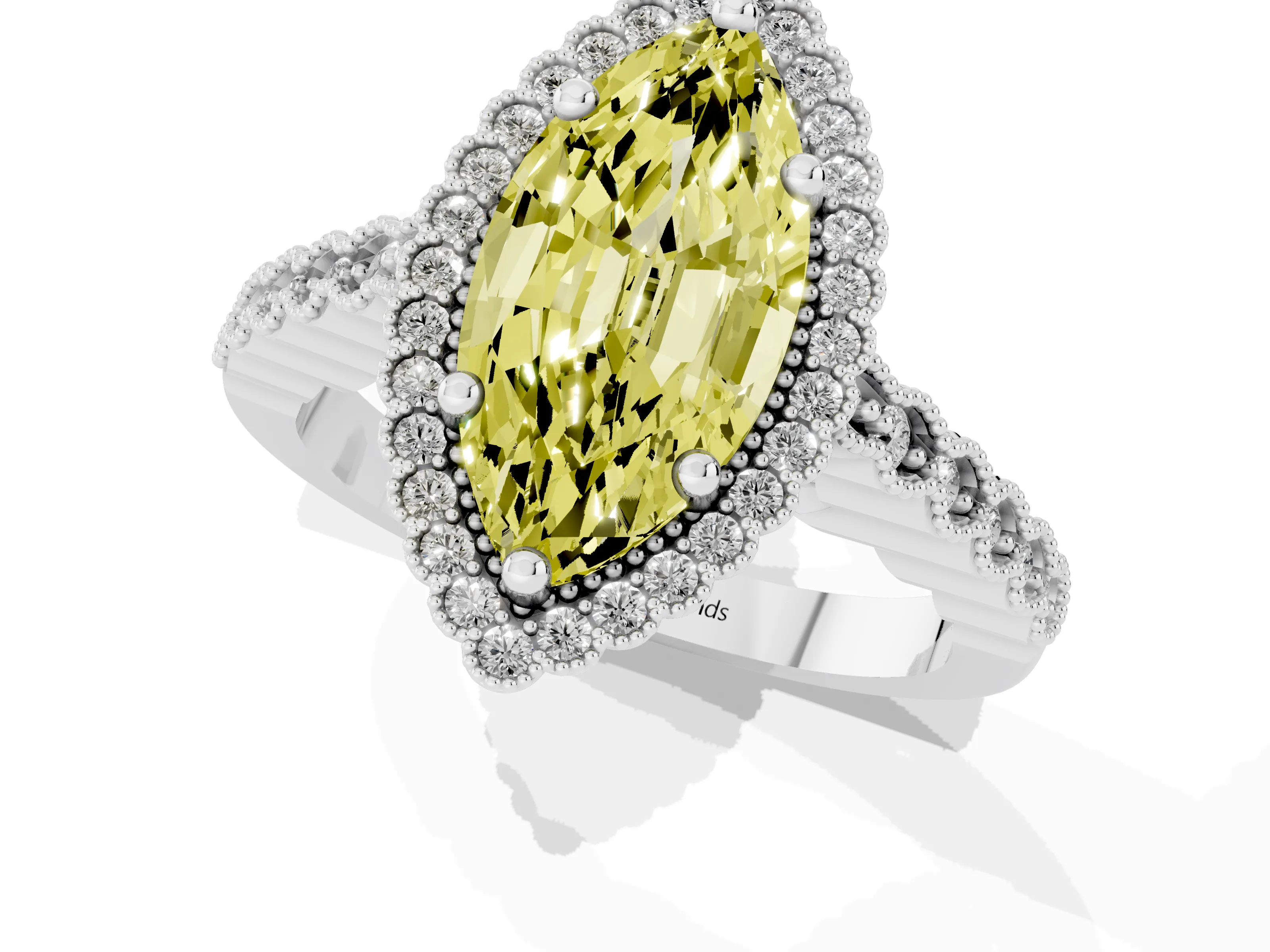 Fancy Yellow Marquise Cut Diamond Halo Ring Set in Silver with Pavé Milgrain Band