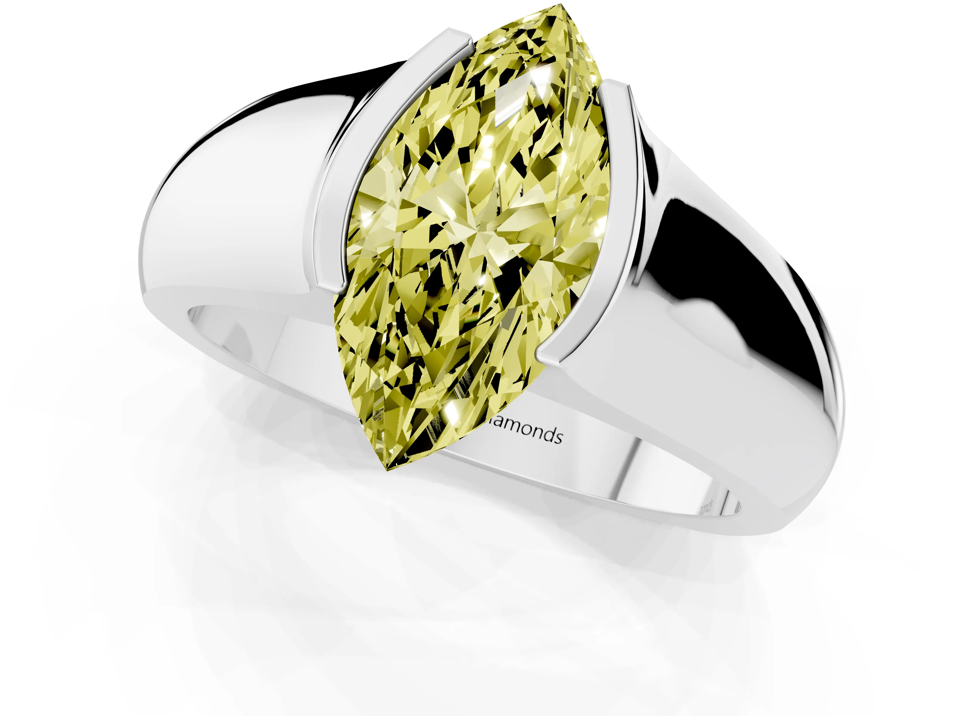 Fancy Yellow Marquise Cut Diamond Bezel Solitaire Ring Set in White gold with Wide Band
