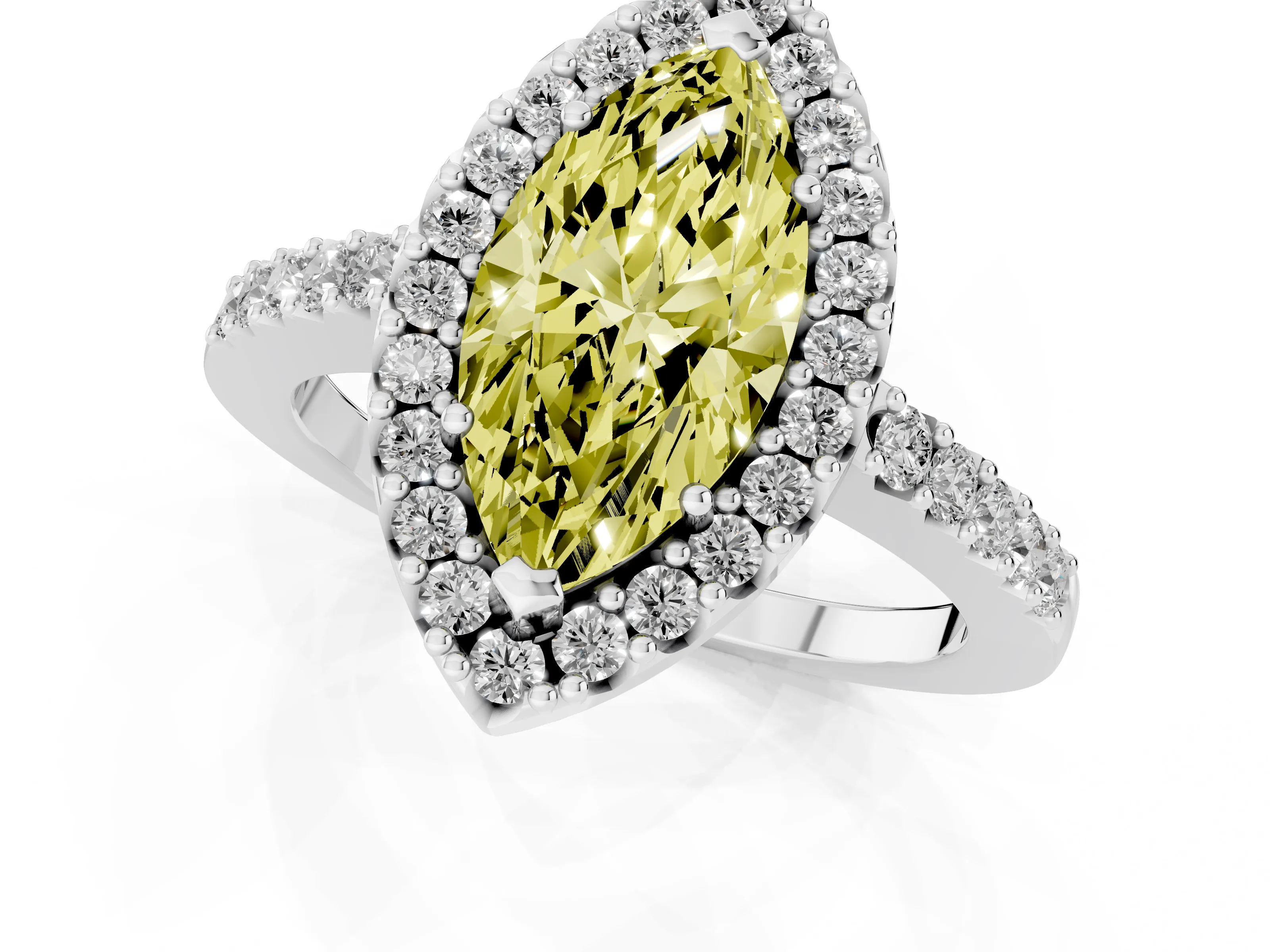 Fancy Yellow Marquise Cut Diamond Halo Pavé Solitaire Ring Set in White gold with Prong-Set Center Stone