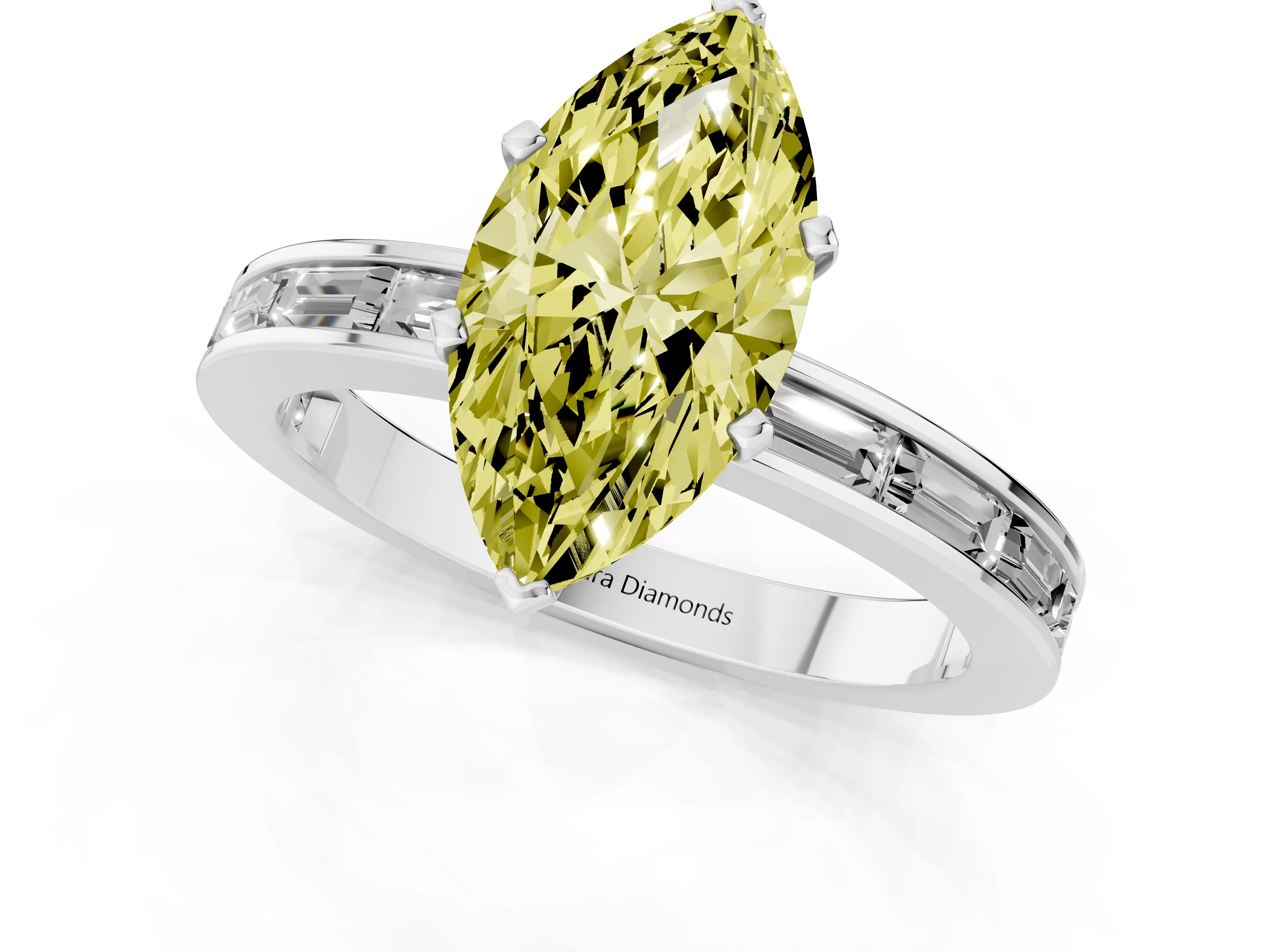 Fancy Yellow Marquise Cut Diamond Solitaire Ring Set in White gold with Channel-Set Baguette Band and Prong Setting
