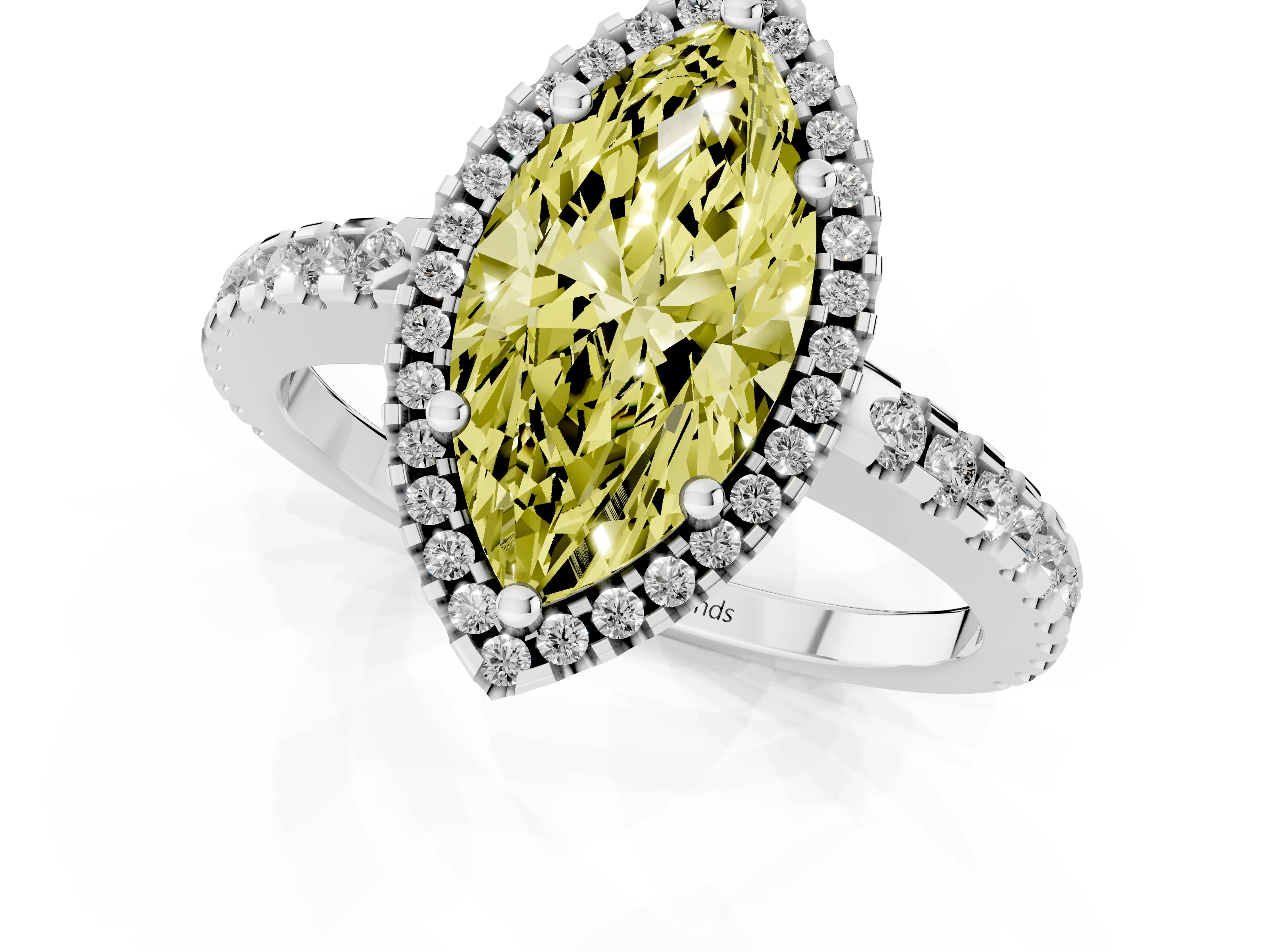 Fancy Yellow Marquise Cut Diamond Halo Ring Set in White gold with Pavé Shoulders and Halo-Framed Center