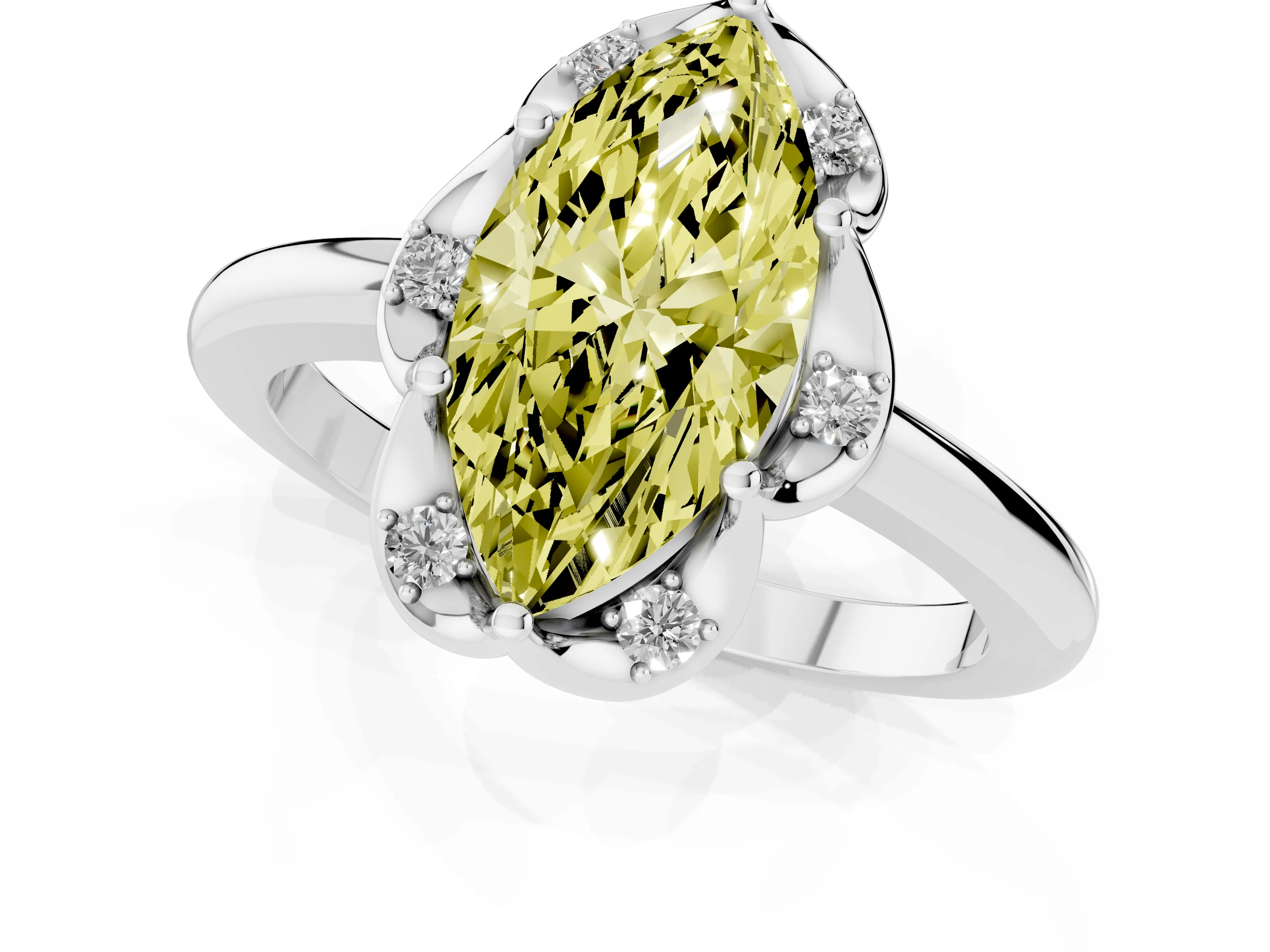 Fancy Yellow Marquise Cut Diamond Round Cluster Halo Ring Set in White gold with Solitaire Band and Prong Setting
