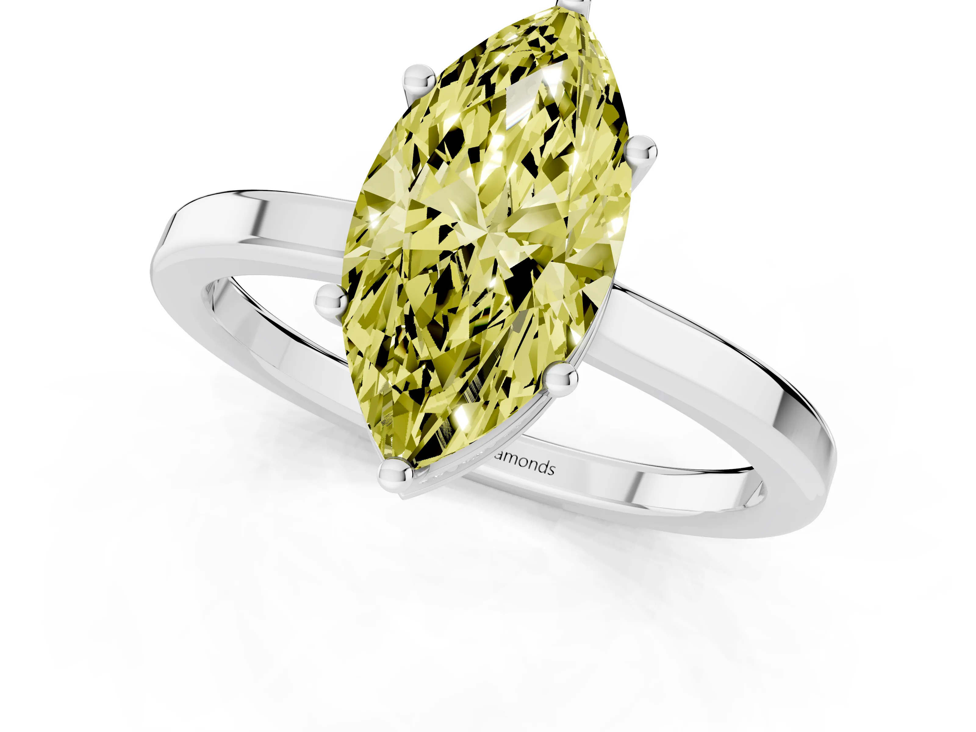 Fancy Yellow Marquise Cut Diamond Solitaire Engagement Ring Set in White gold with Prong Setting on a Plain Band