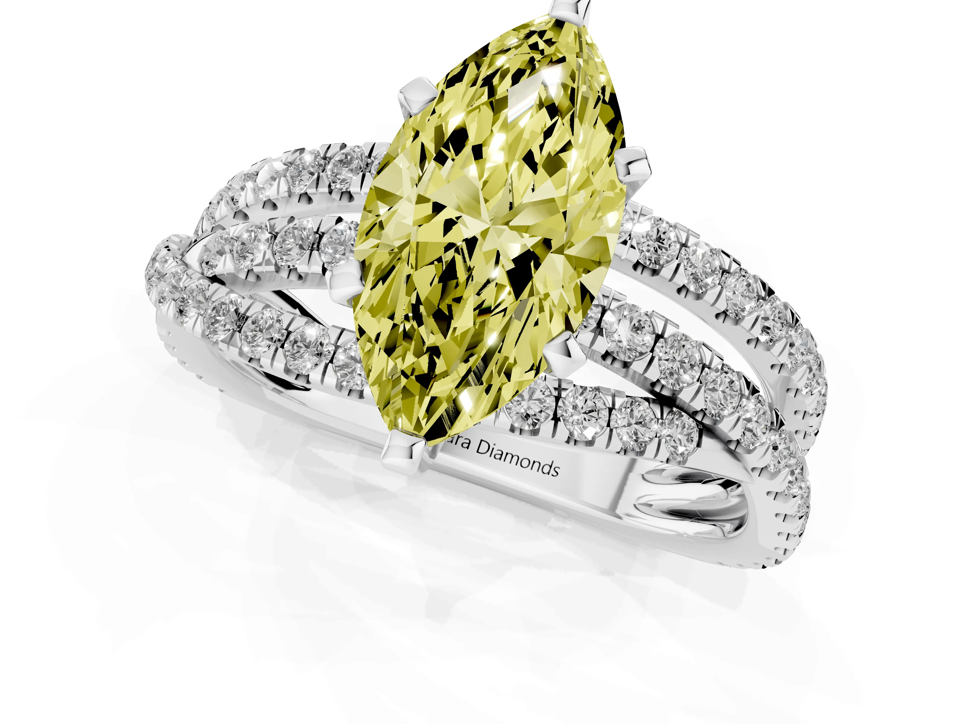 Fancy Yellow Marquise Cut Diamond Solitaire Twist Band Ring Set in White gold with Pavé Setting and Prong Head