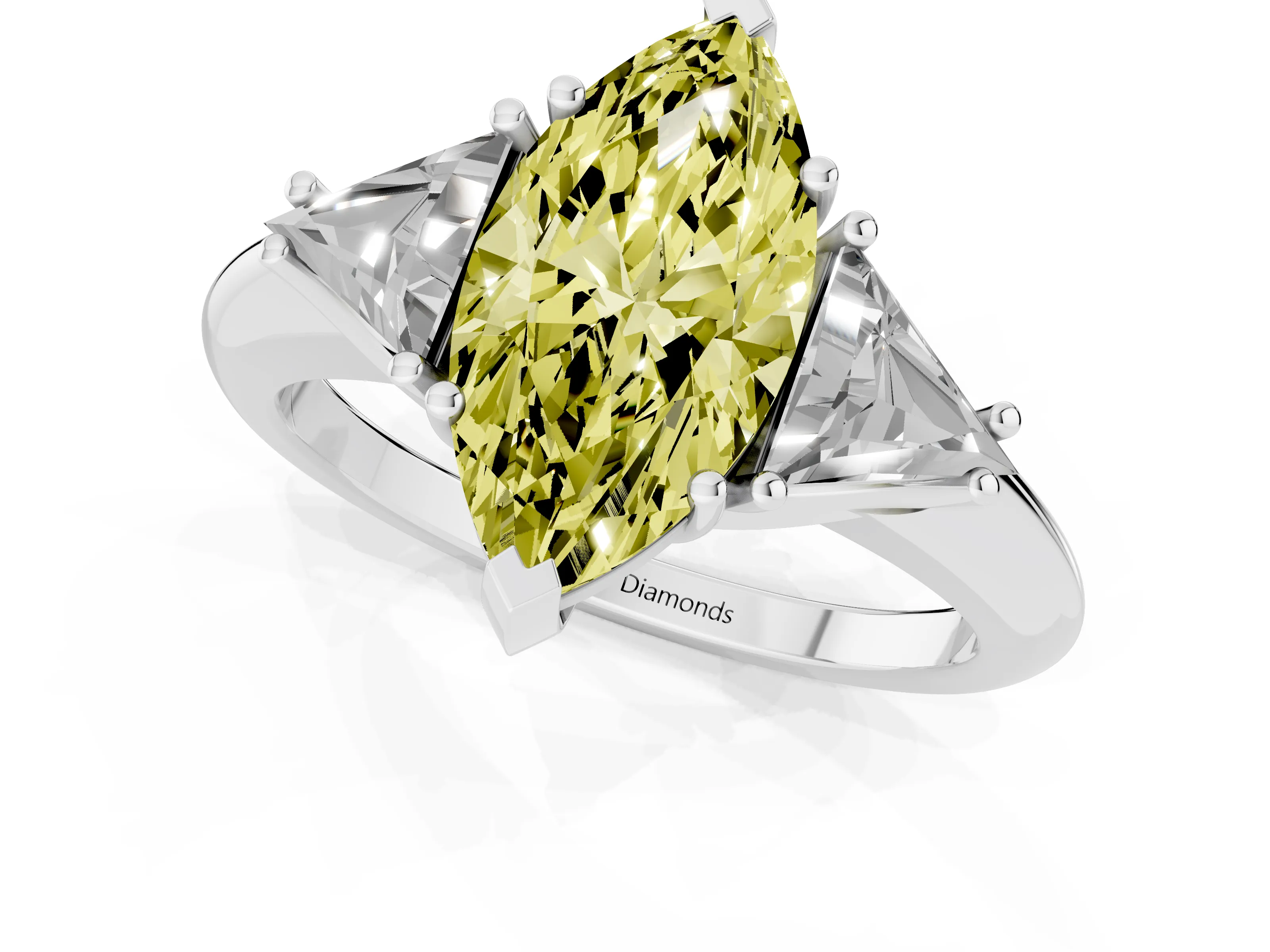 Fancy Yellow Marquise Cut Diamond Three-Stone Engagement Ring Set in Platinum with Trillion Side Stones