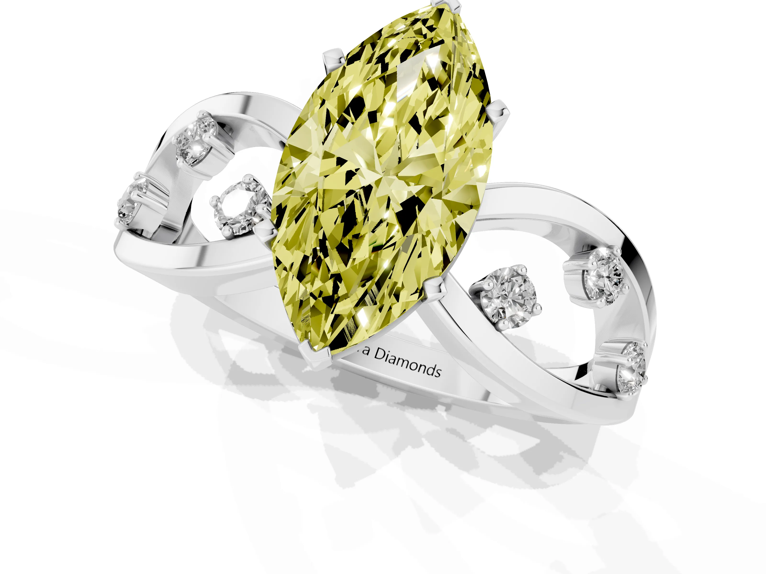 Fancy Yellow Marquise Cut Diamond Solitaire Ring Set in White gold with Side Stones on Criss-Cross Band and Prong Setting