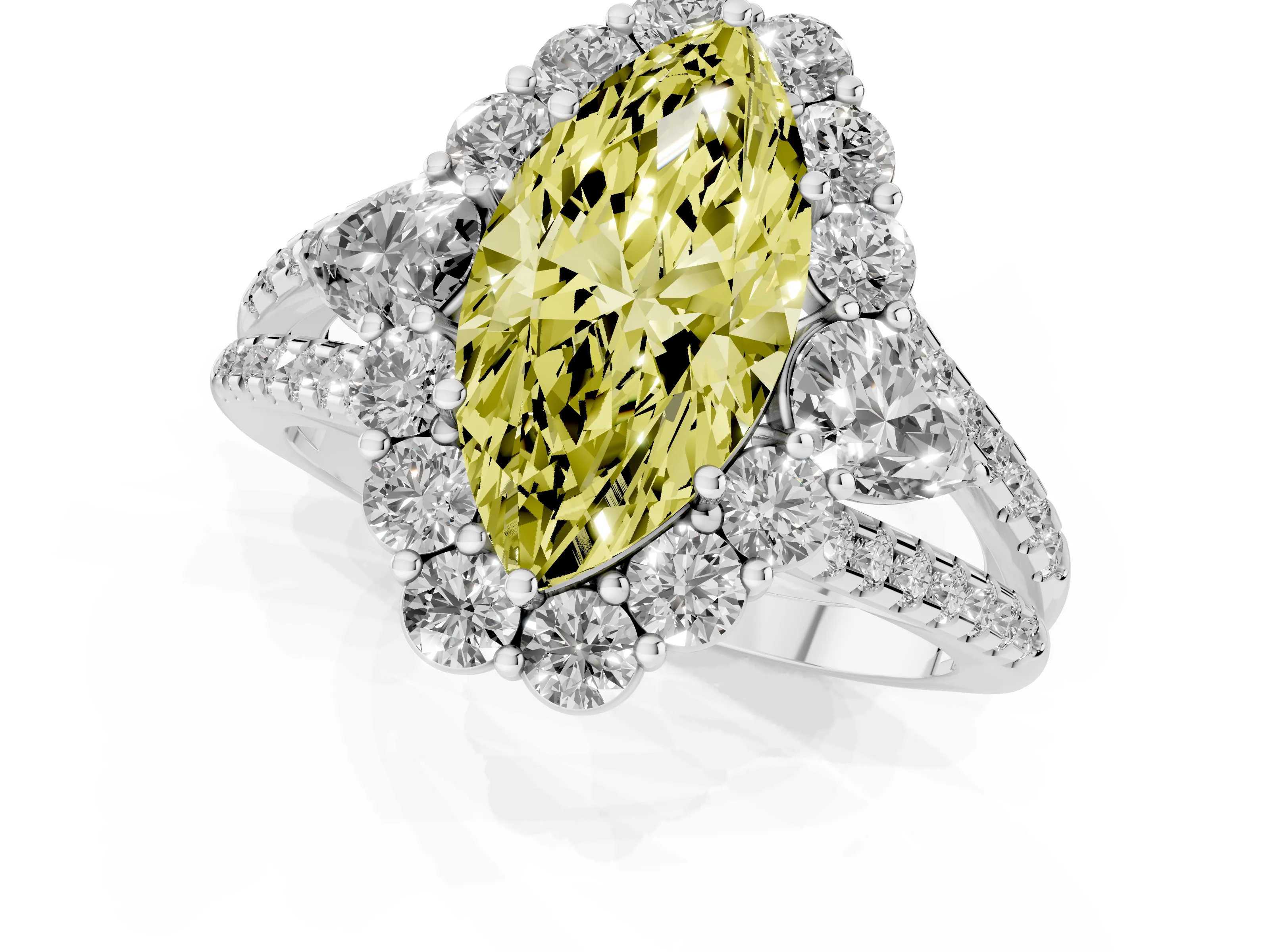 Fancy Yellow Marquise Cut Diamond Halo Split Shank Engagement Ring Set in Platinum with Prong-Held Center Stone